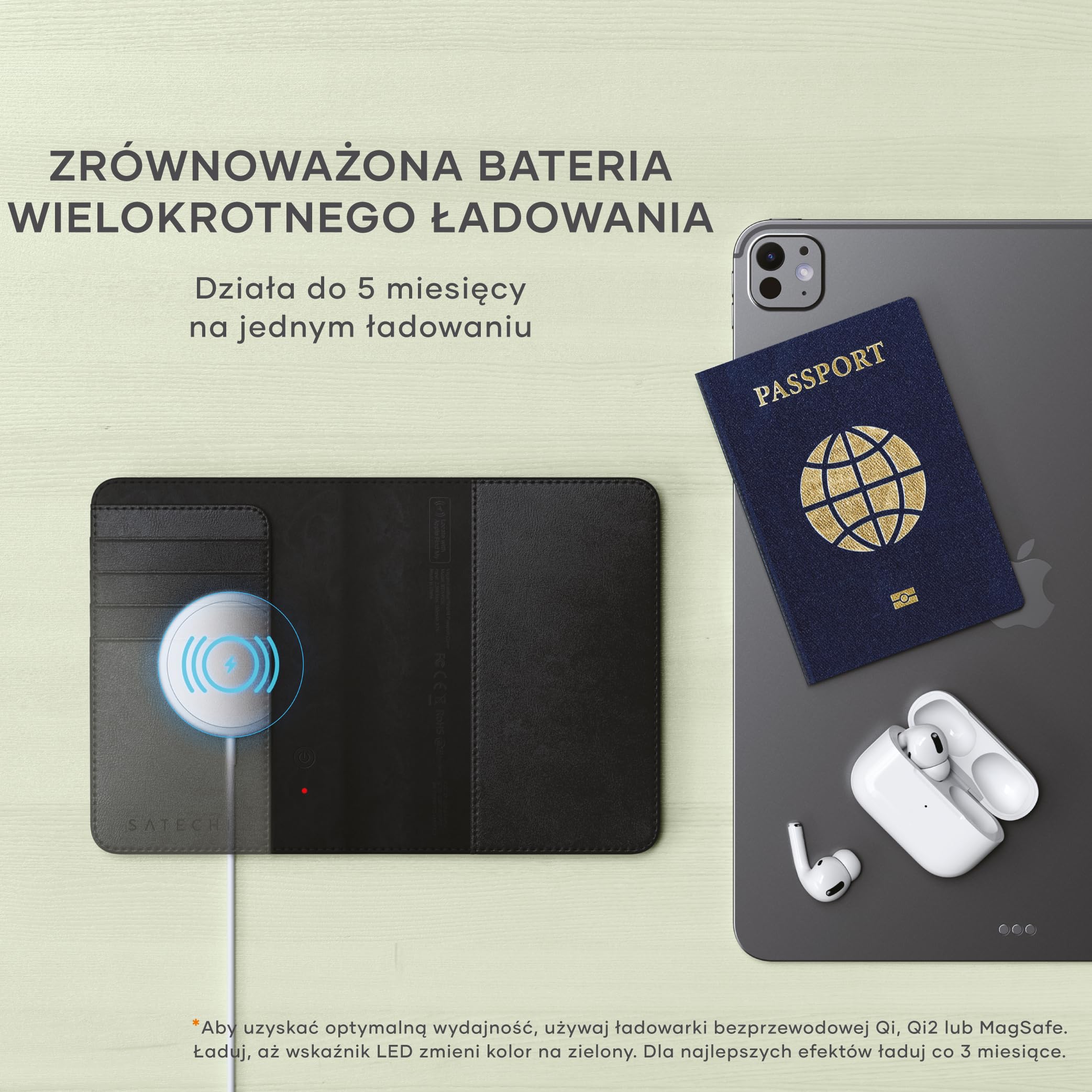 SATECHI Find My Etui na Paszport, Portfel Podróżny Z 4 Przegródkami na Karty, Ładowaniem Bezprzewodowym I Blokadą Rfid, Kompatybilny Z Aplikacją Find My na Ios, Materiał Premium (PU) – Czarny