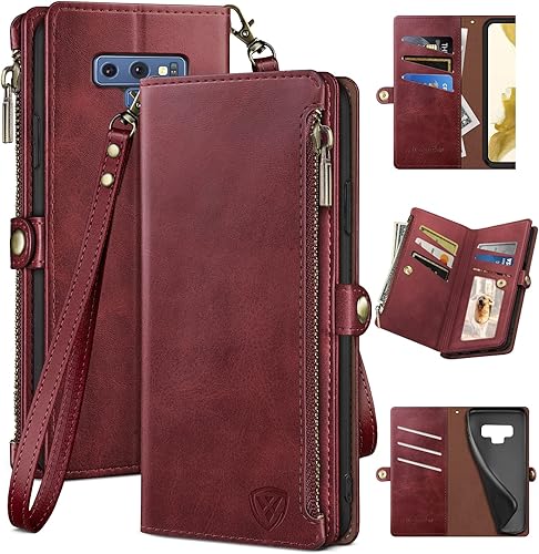 XcaseBar Funda tipo cartera para Samsung Galaxy Note 9 con cremallera Bloqueo RFID Titular de la tarjeta de crédito, Libro de folio con tapa PU