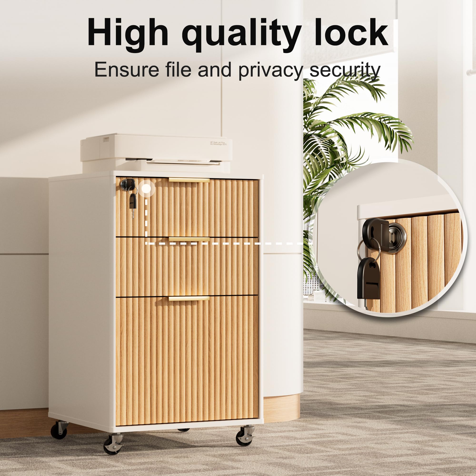 3 Drawer Mobile File Cabinet with Lock, Rolling File Cabinet, Under Desk Wooden Filing Cabinets for Home Office