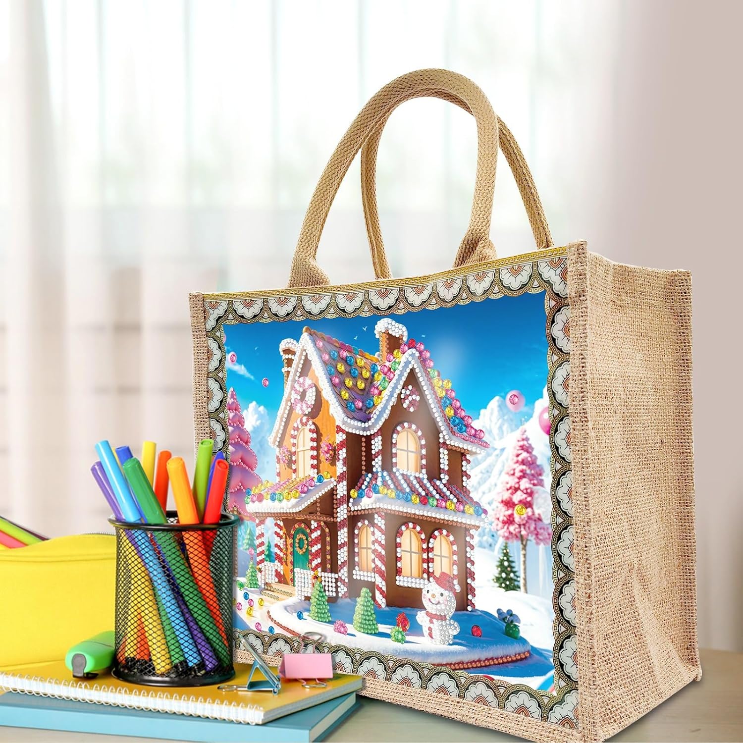 BAYUNOE 4Pcs Christmas Handbag Handmade Diamond Art Painting Purses with Canvas Pattern DIY Shoulder Makeup Bag for Women Art Craft Gift-