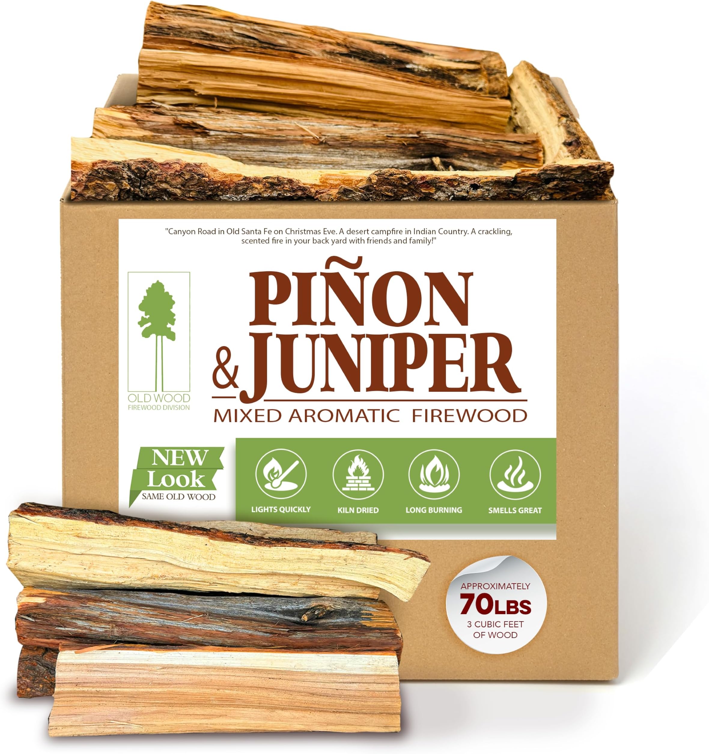 Piñon & Juniper Firewood Box - Aromatic Blend for Indoor/Outdoor Use, 13-14 Inch Logs, Southwest Scent - Ideal for Fireplace, Fire Pit, Campfire & BBQ - Approximately 70 Pounds (3 Cubic Feet)