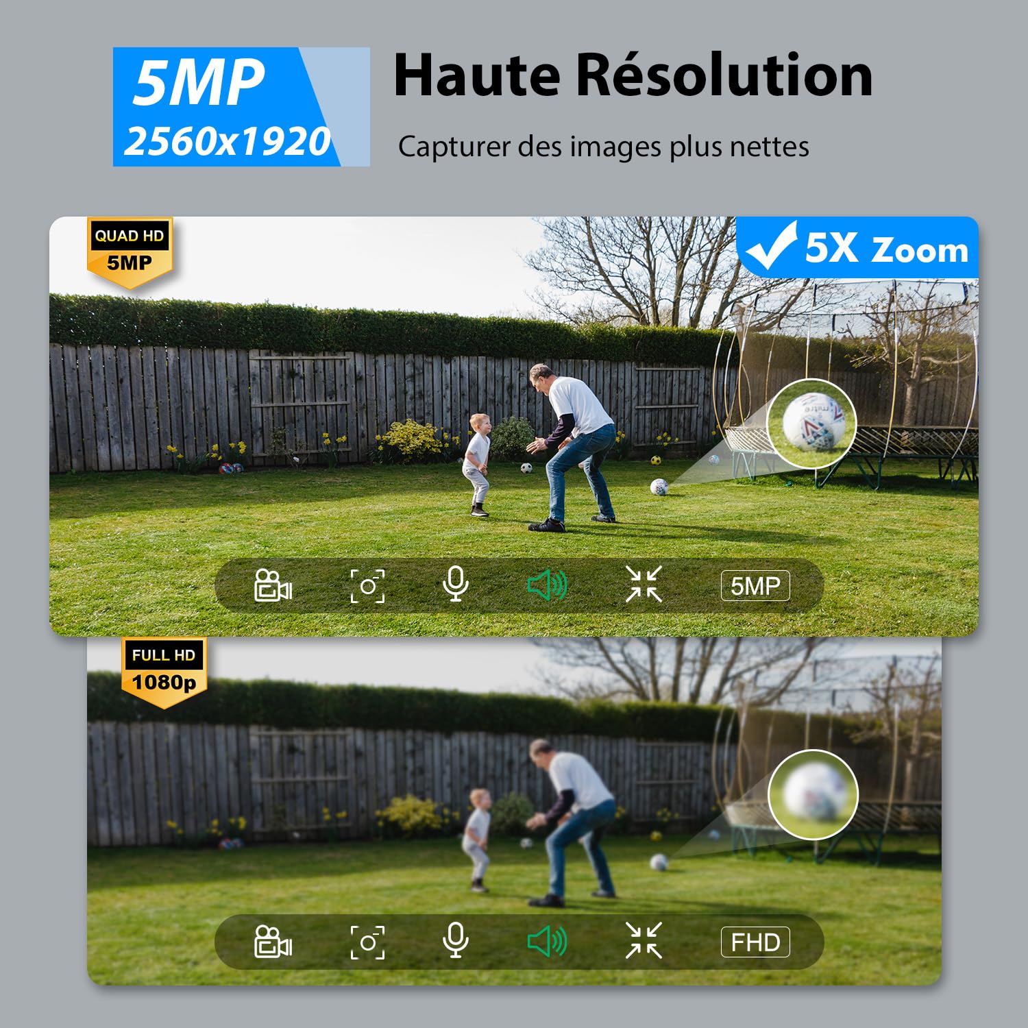 5MP Camera Surveillance WiFi Exterieure sans Fil Batterie - 2.4GHz Caméra de Surveillance, Autonomie du Panneau Solaire, 360° PTZ, Vision Nocturne Couleur, PIR Sirène (5MP)