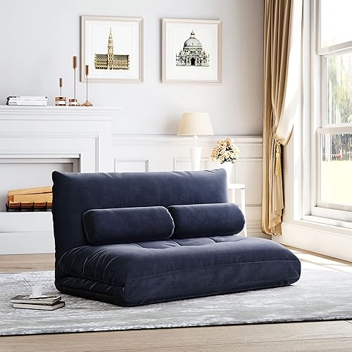 Merax Floor Sofa, Foldable Lazy Sofa Sleeper Bed with 2 Pillows, Adjustable Lounge Sofa Gaming Sofa Floor Couches 5-Position for Bedroom, Living Room, and Balcony, Antique Navy