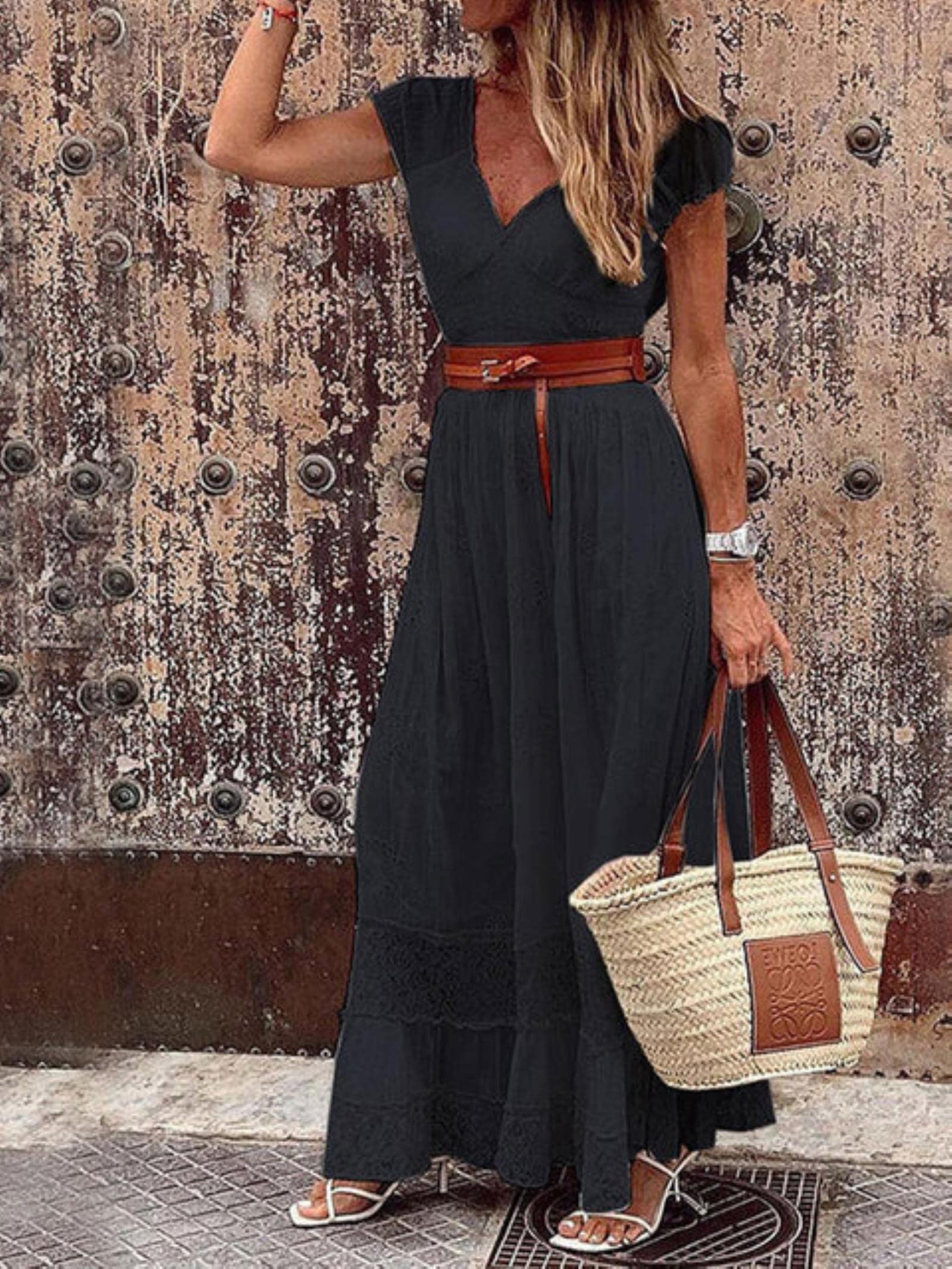 ZESICA Abito Lungo Estivo Donna: Midi A Grembiule Con Elastico In Vita, Maniche Corte, Ruggine, L
