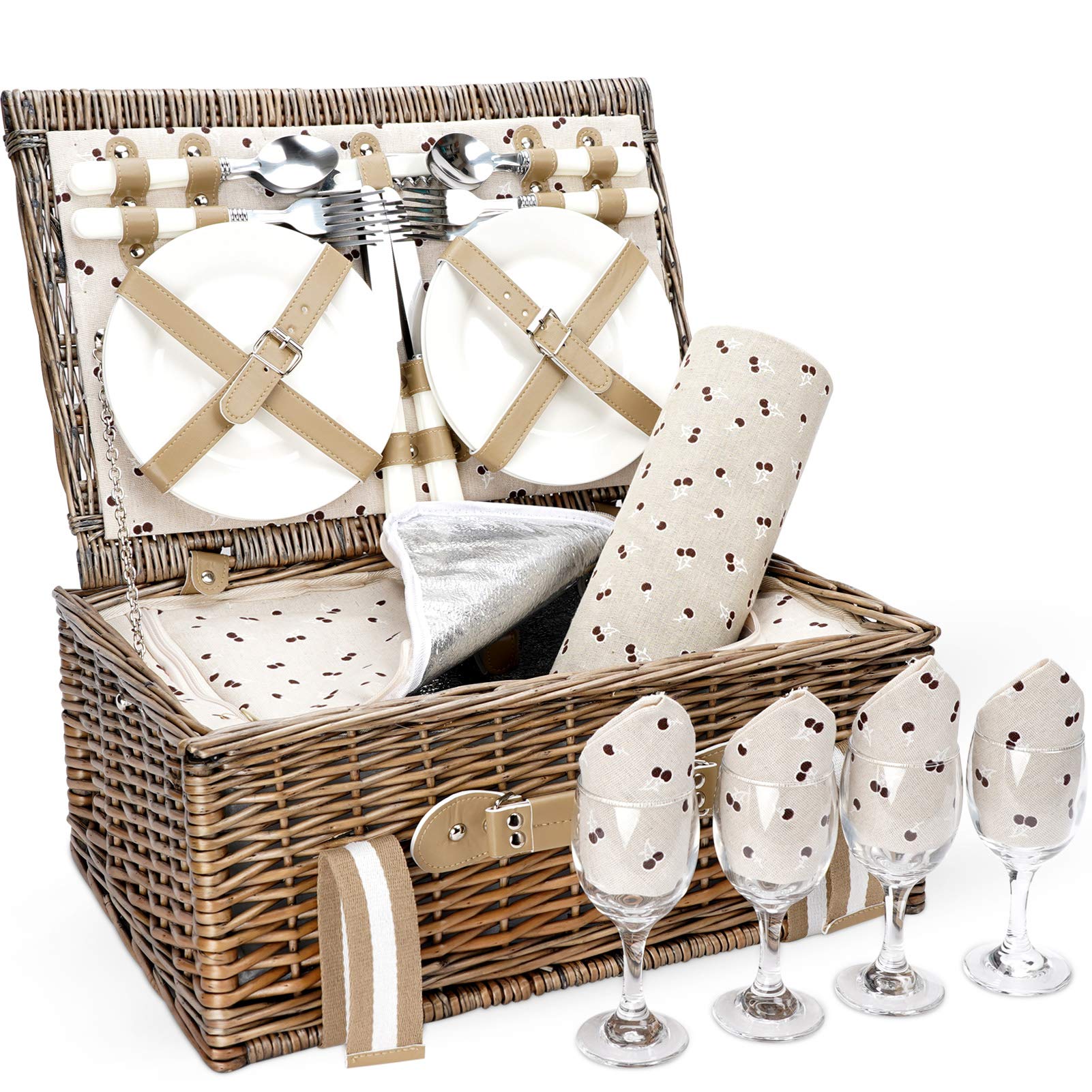 Willow Picnic Basket Set for 4 Persons with Large Insulated Cooler Bag and Waterproof Picnic Blanket, Wicker Picnic Hamper for Camping,Outdoor,Birthday
