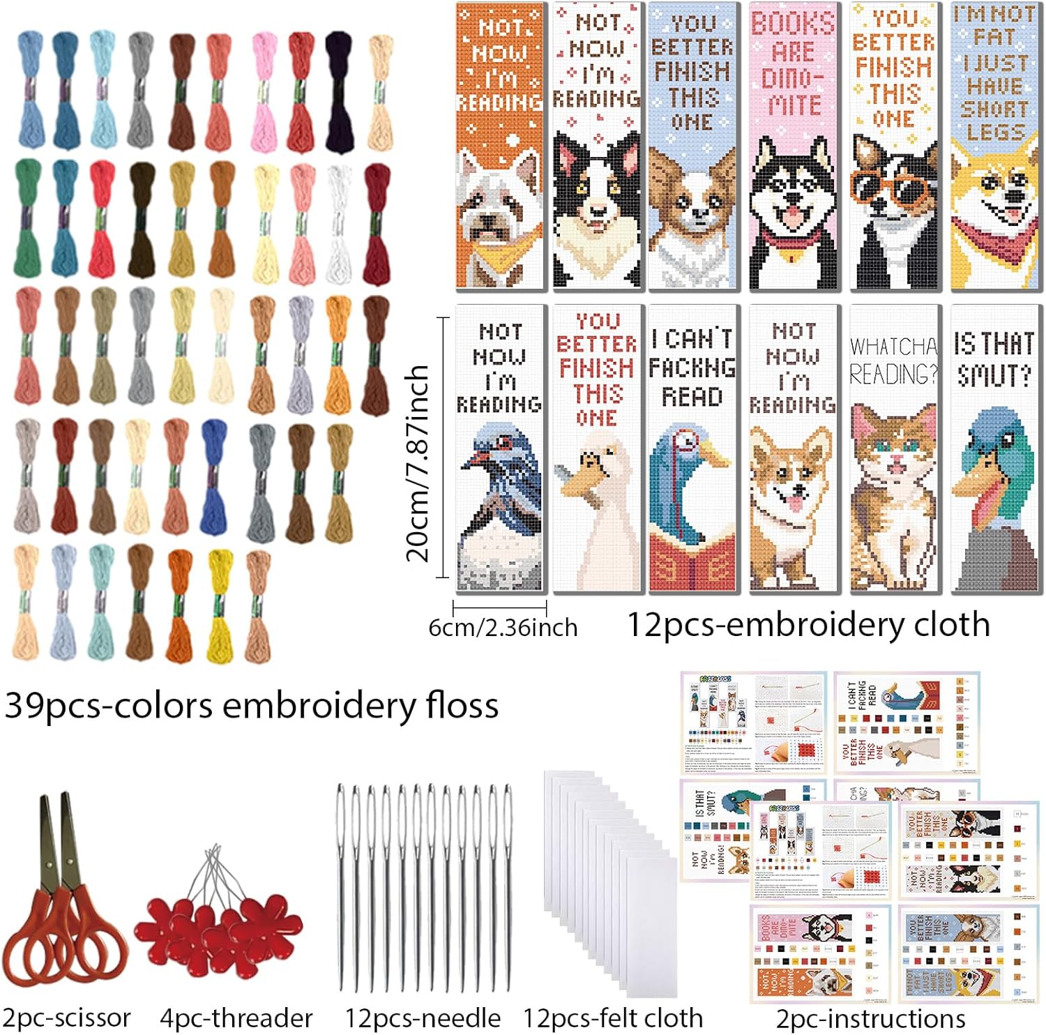 FREEBLOSS 12Pcs Cross Stitch Bookmark Kit for Adult Beginners Animal Text Pattern Stamped Embroidery Bookmark Kit with Instructions DIY Bookmarks Kits for Gift 8"x2.4"