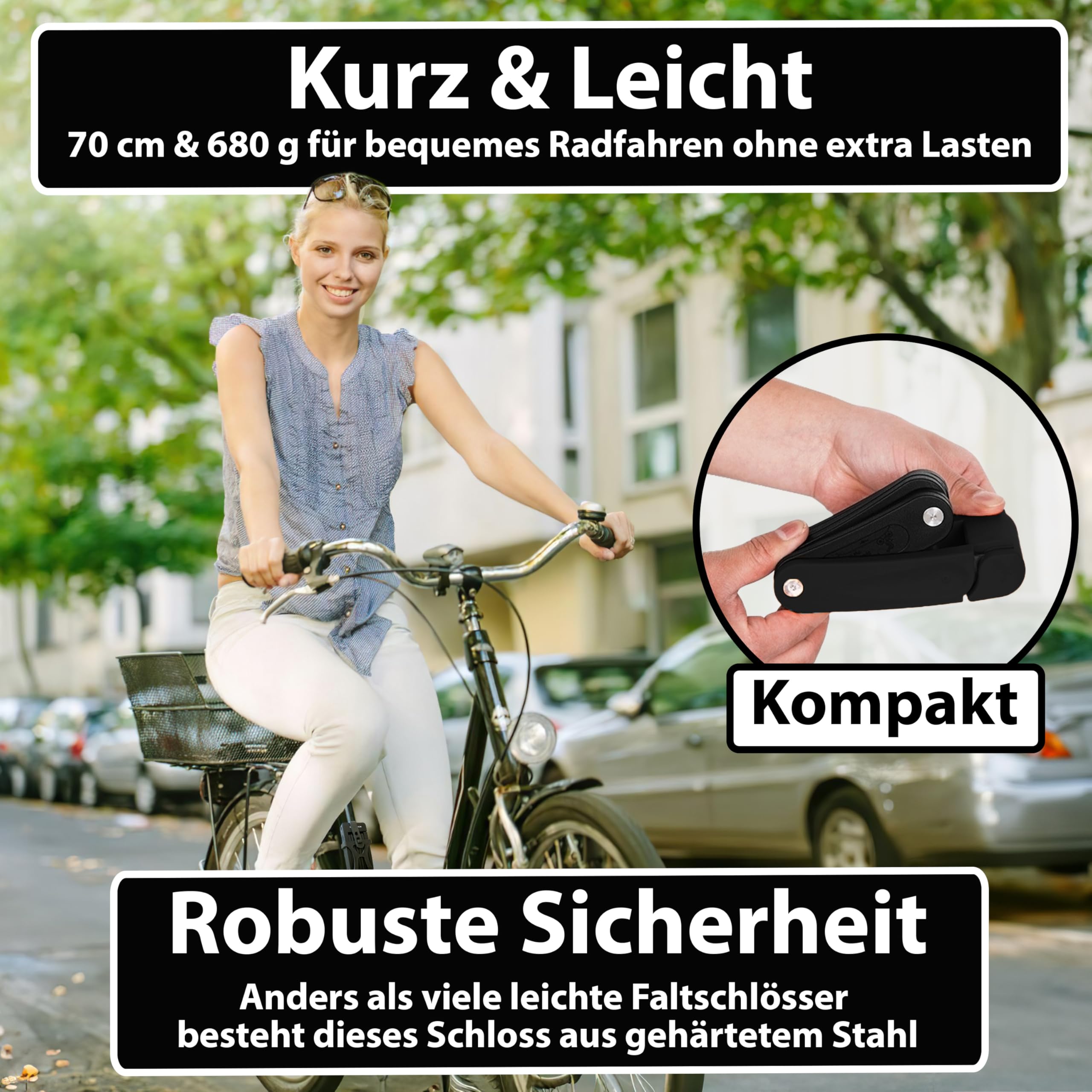 KOHLBURG leichtes & kleines Faltschloss - 680g leicht & 70cm lang - sicheres Fahrradschloss aus gehärtetem Stahl für E-Bike & Fahrrad mit Halterung