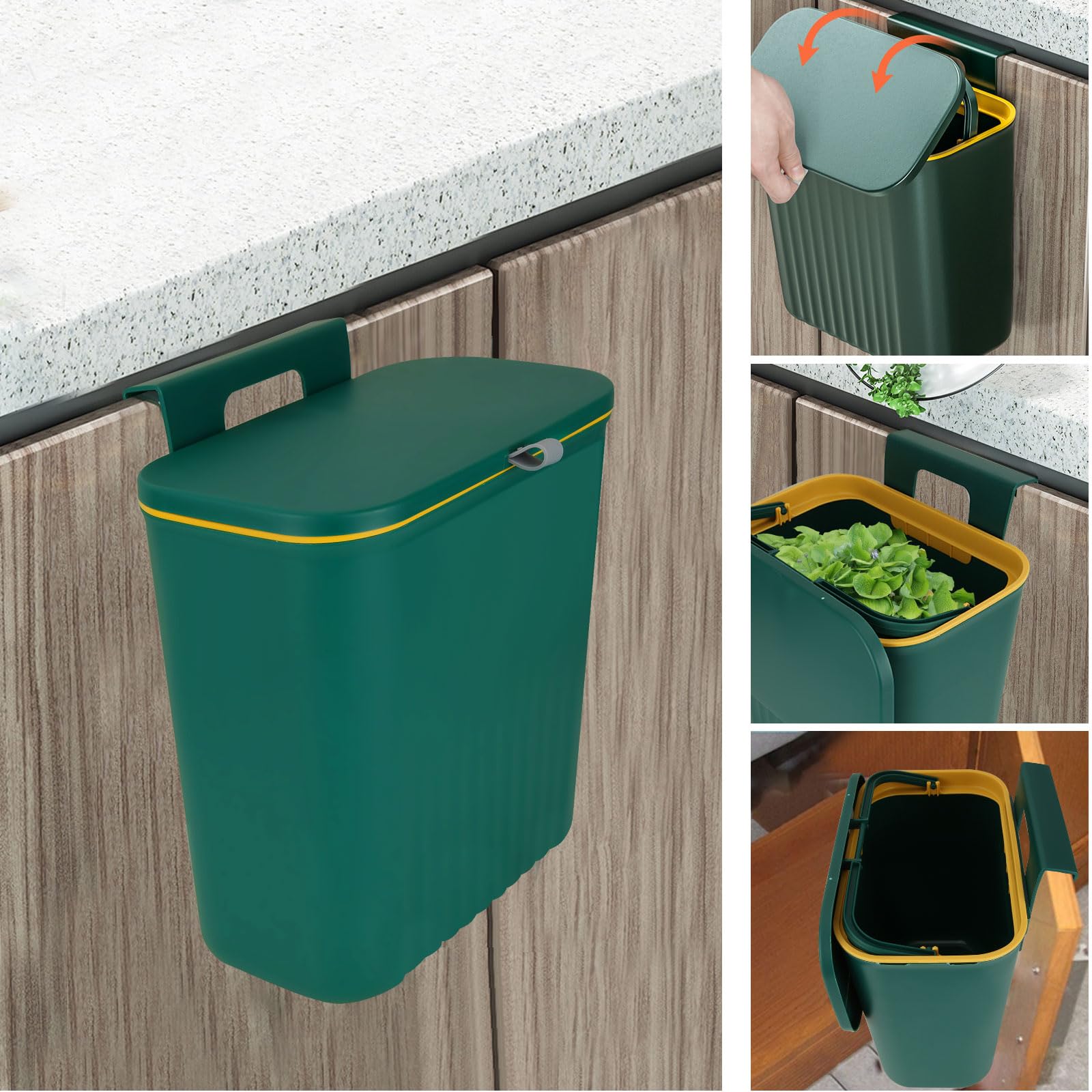 DAJAVE9L Hanging Kitchen Bin with Lid Cupboard Door Bin Wall Mounted Waste Bin Hanging Trash Can for Kitchen Cabinet Door Bathroom, Bedroom, Office - Green