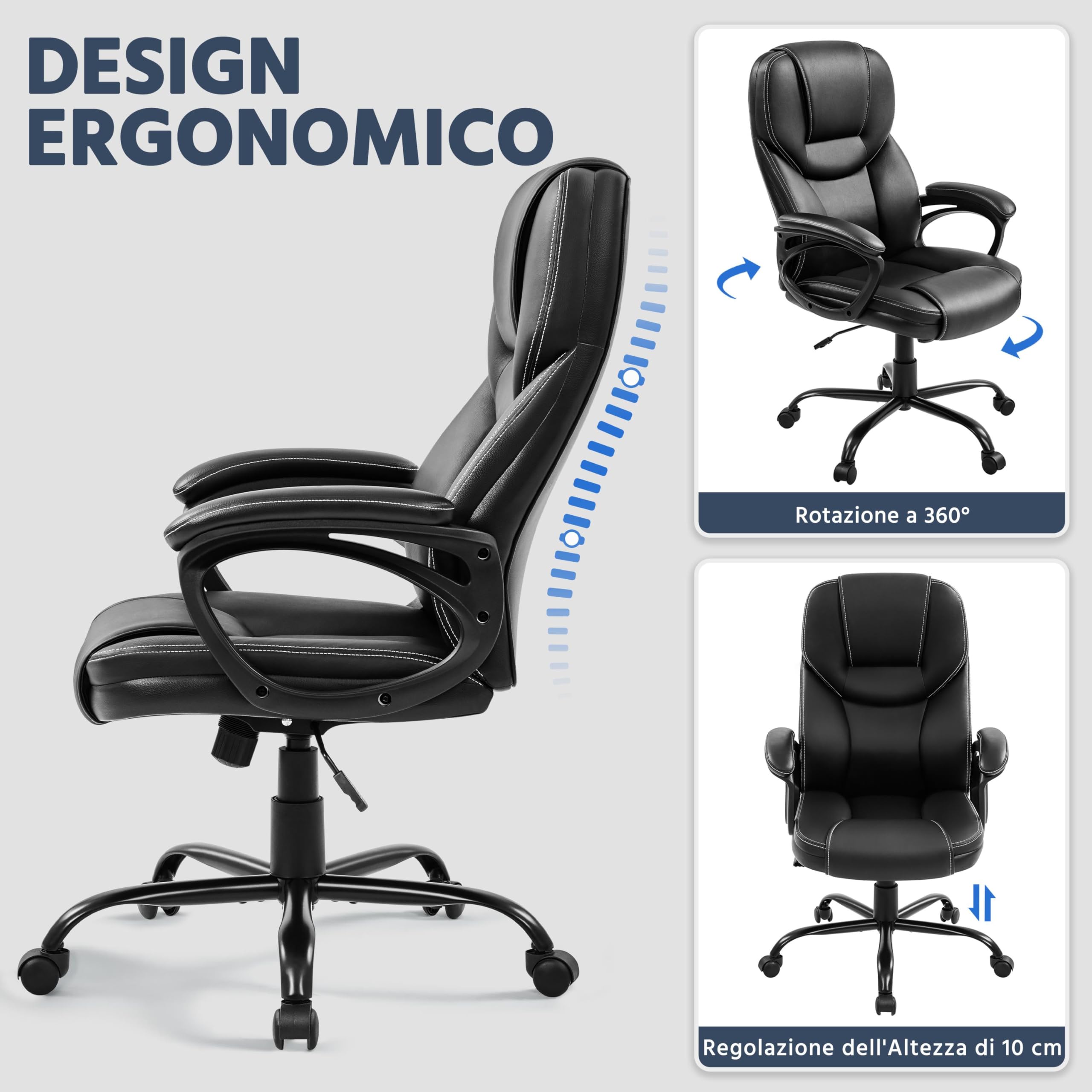 Yaheetech Sedia/Poltrona Ufficio Presidenziale Ergonomica in Finta Pelle Imbottita Sedia da Scrivania a Rotelle Girevole Reclinabile a Dondolo Altezza Regolbile Nera