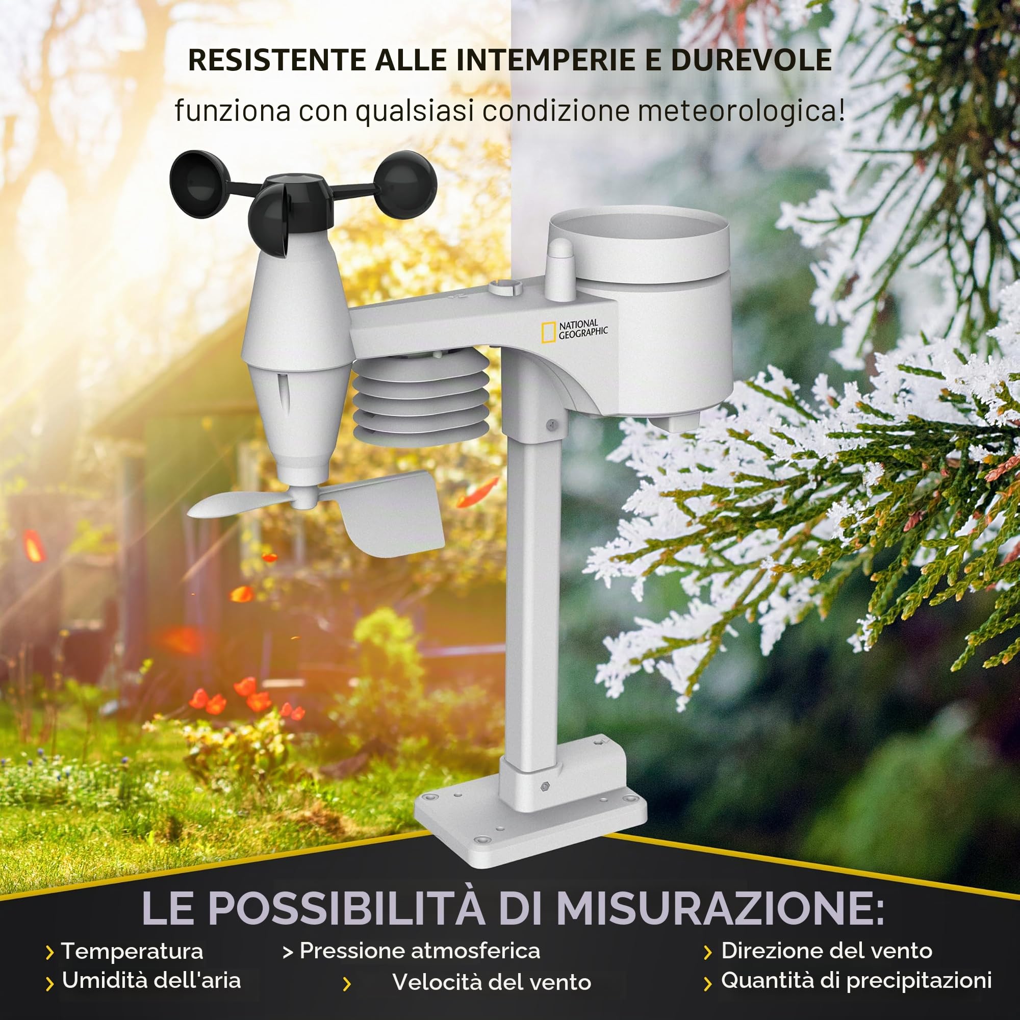 National Geographic Station météo sans fil 5-en-1 avec écran couleur, multisenseur, indicateur de climat intérieur | Temperatura, umidità, pluviometro, anemometro, previsioni meteo, pressione, storico, allarme gelo