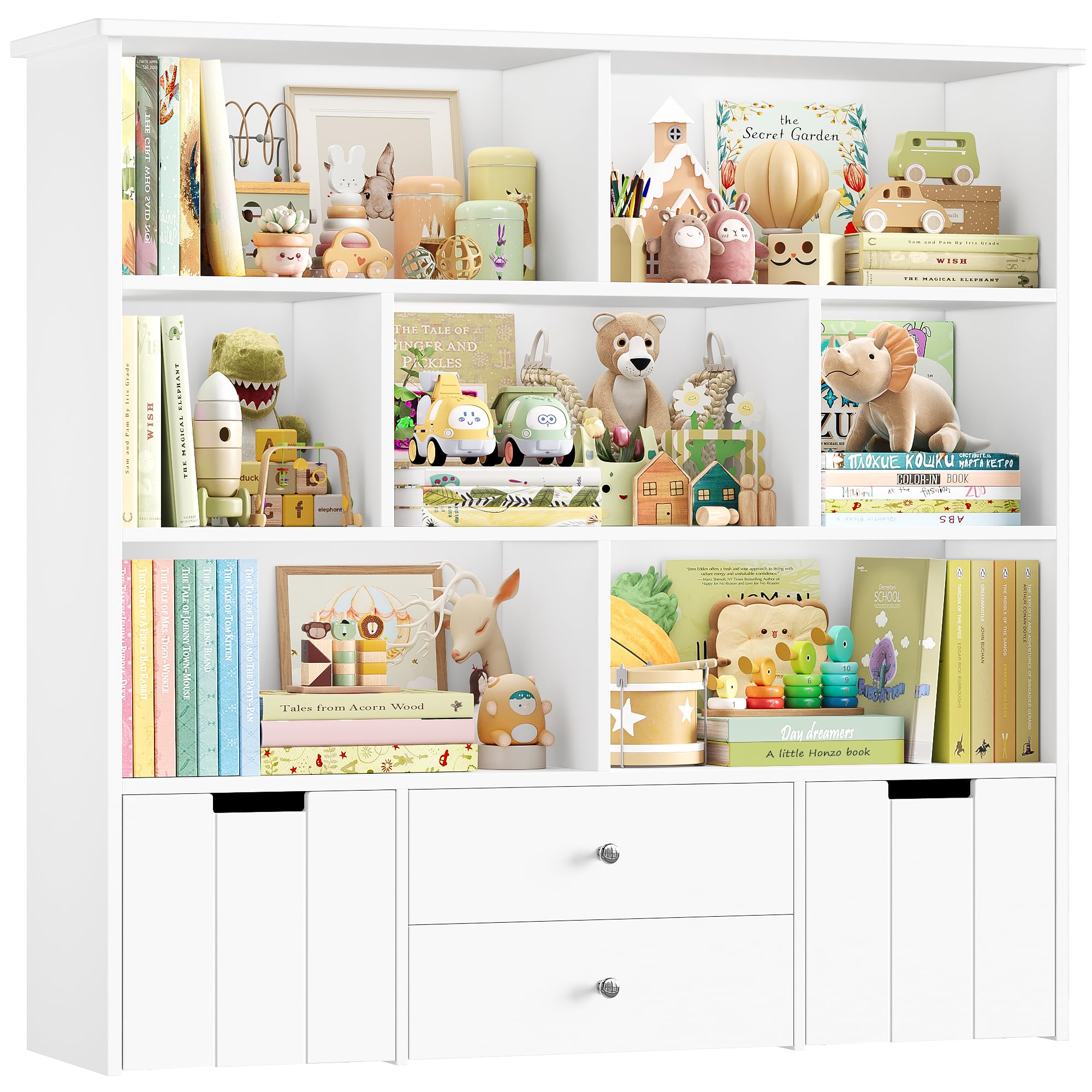 FOREHILL Estanteria Montessori Infantil Mueble Almacenaje Juguetes, Mueble Organizador Juguetes, con 4 Cajones, 7 Compartimentos Abiertos, para Habitación Infantil, Salón, Blanco 125x33x120 cm
