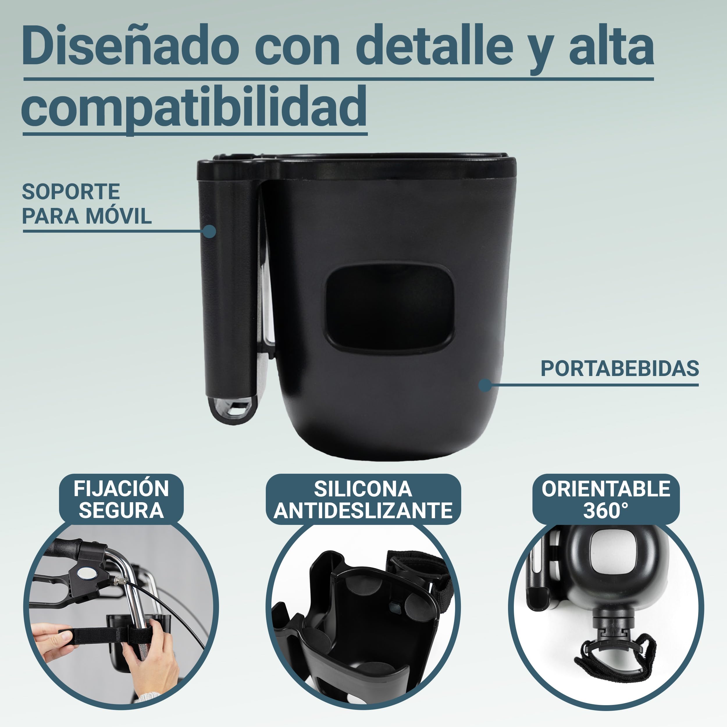 Zamboo Portavasos y Soporte para Movil para Silla de Ruedas, Andador y Ayudas a la Movilidad | Porta Botellas Universal 2 en 1 para Bebidas y Smartphone, Giratorio 360° | Fácil instalación – Negro