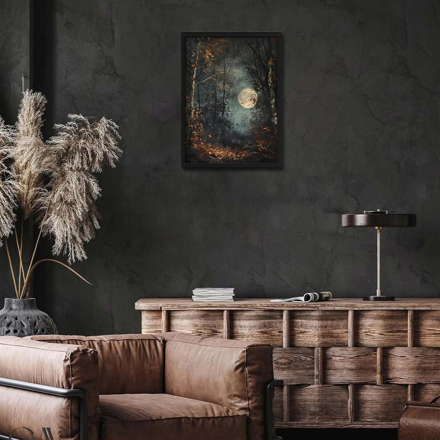 Vintage Framed Wall Art, Forest Gothic Decor, Dark Academia Celestial Moon Canvas Prints, Moody Landscape Painting Wall Decor for Living Room Bedroom – Black Wooden Frame 16x24in