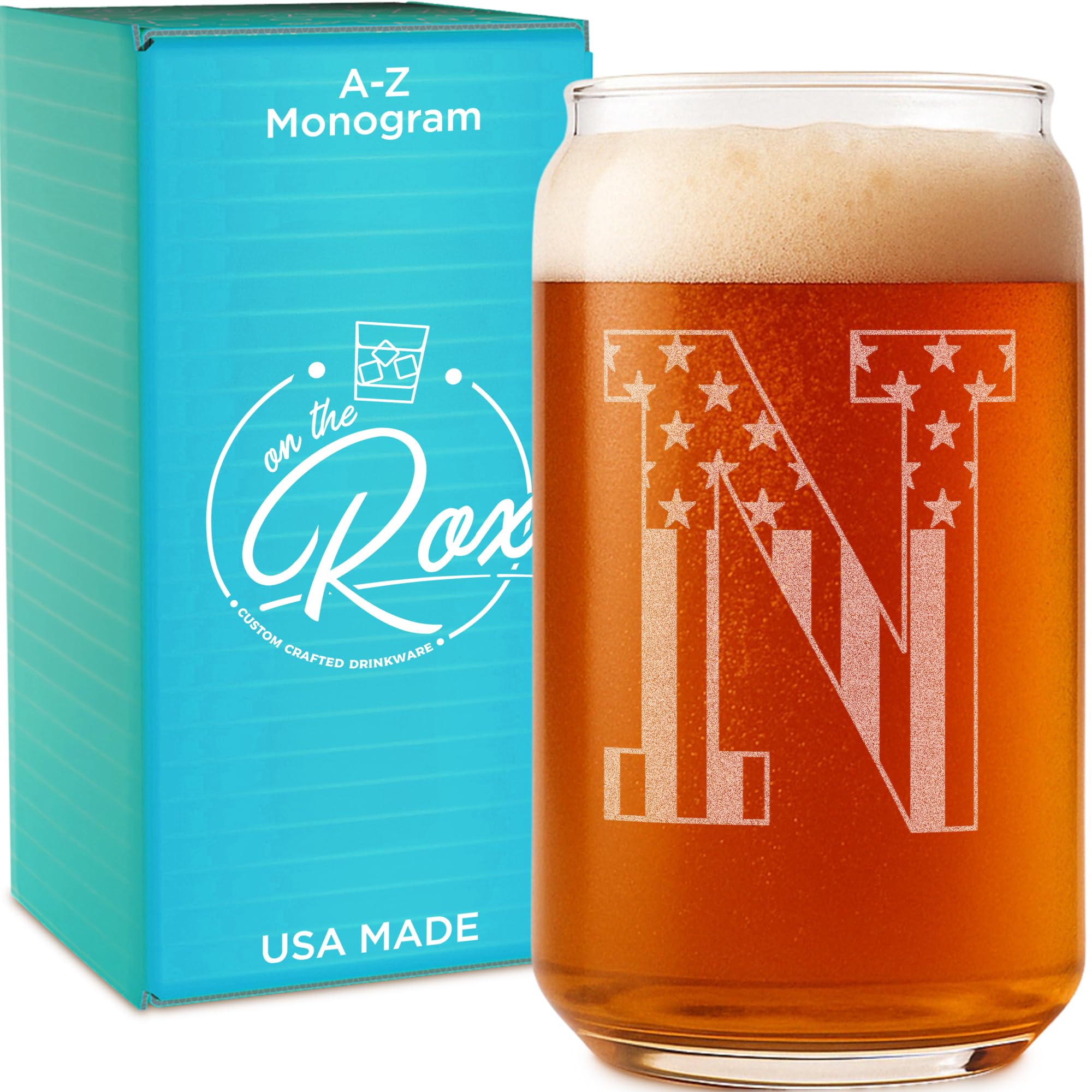 Monogram Beer Glasses for Men (A-Z) 16 oz - Beer Gifts for Men Brother Son Dad Neighbor - Unique Gifts for Him - Personalized Drinking Gift Beer Glass Mugs - Engraved Beer Can Glass (N)