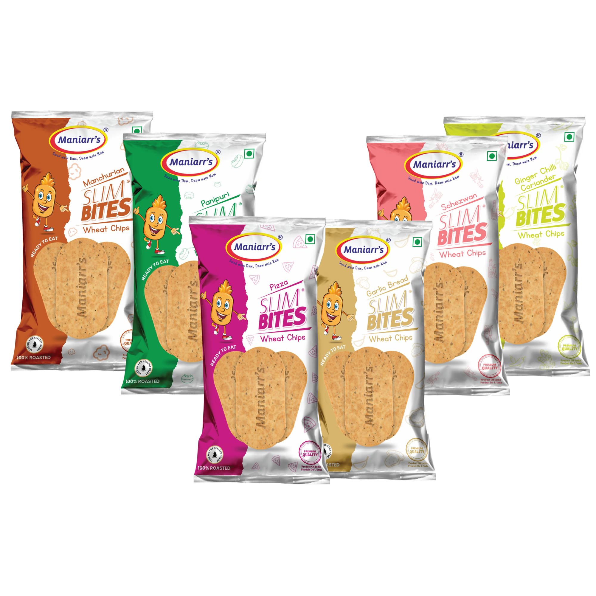 Maniarr's Plain Slim Bites Khakhra Continental 6 Flavors (Combo Pack Of 8), 420 Grams Wheat Khakhara, Healthy & Crispy, 100% Natural Ingredient, Low Carb Snack - Continental