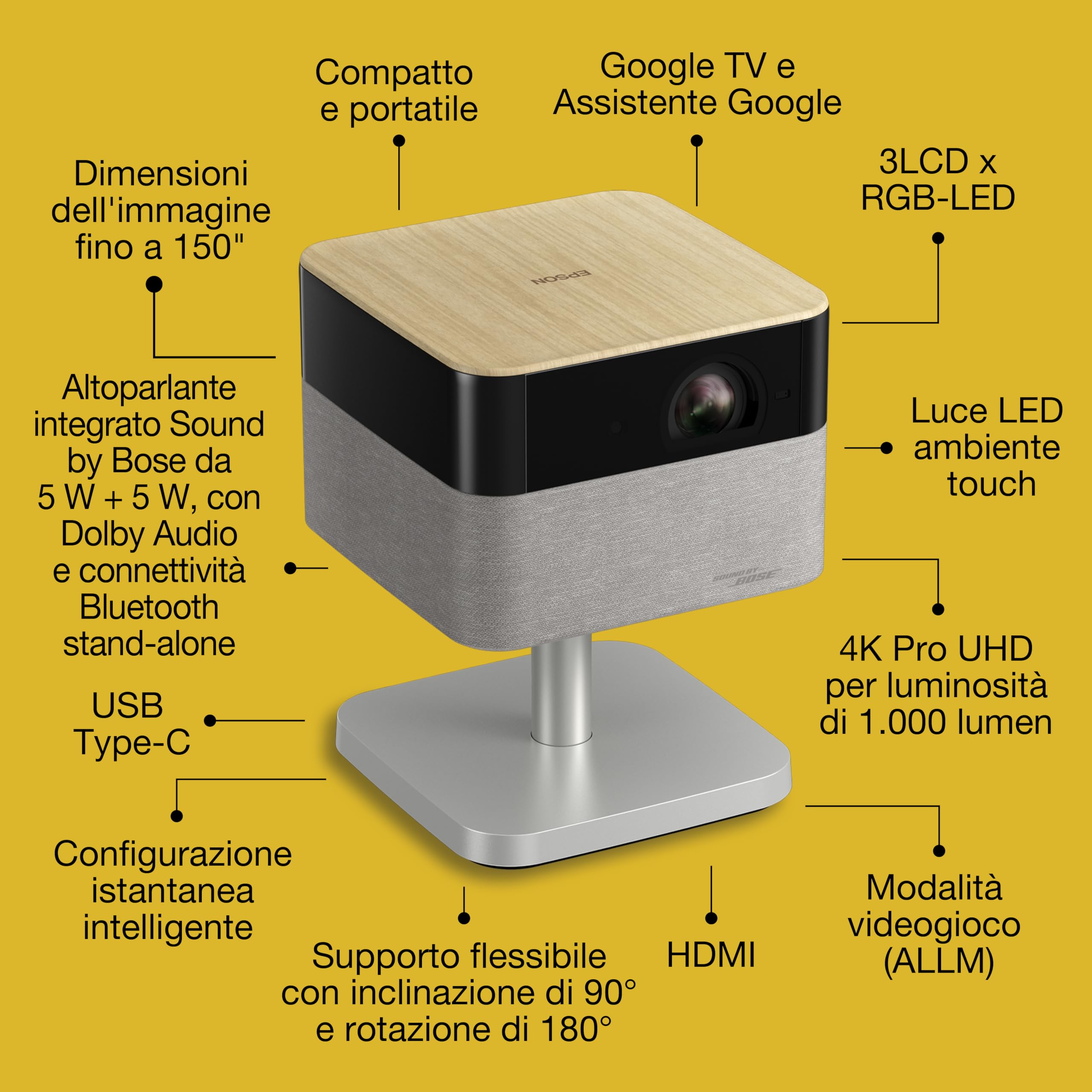 Epson Lifestudio Plus EF-72 | Videoproiettore per Smart TV portatile 4K PRO-UHD | 1.000 lumen | 3LCD x RGB-LED | Sound by BOSE| Google TV | Configurazione semplice | Display 150'' | Garanzia 5 anni