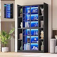 SEDETA 71" Black Glass Display Cabinet with LED Lights, 6-Tier Adjustable Curio Case for Collectibles & Books