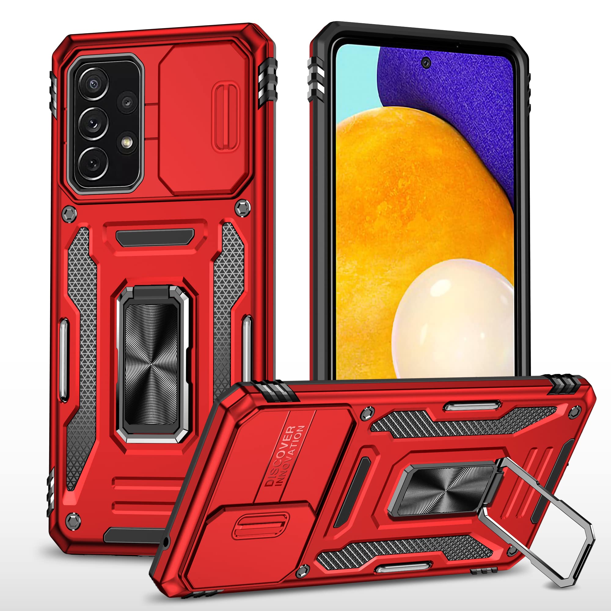 Slide Camera Case for Samsung Galaxy A73 5G,Kickstand with Built-in 360° Rotate Magnetic Ring Stand Shockproof Protective Armor Cover,Red