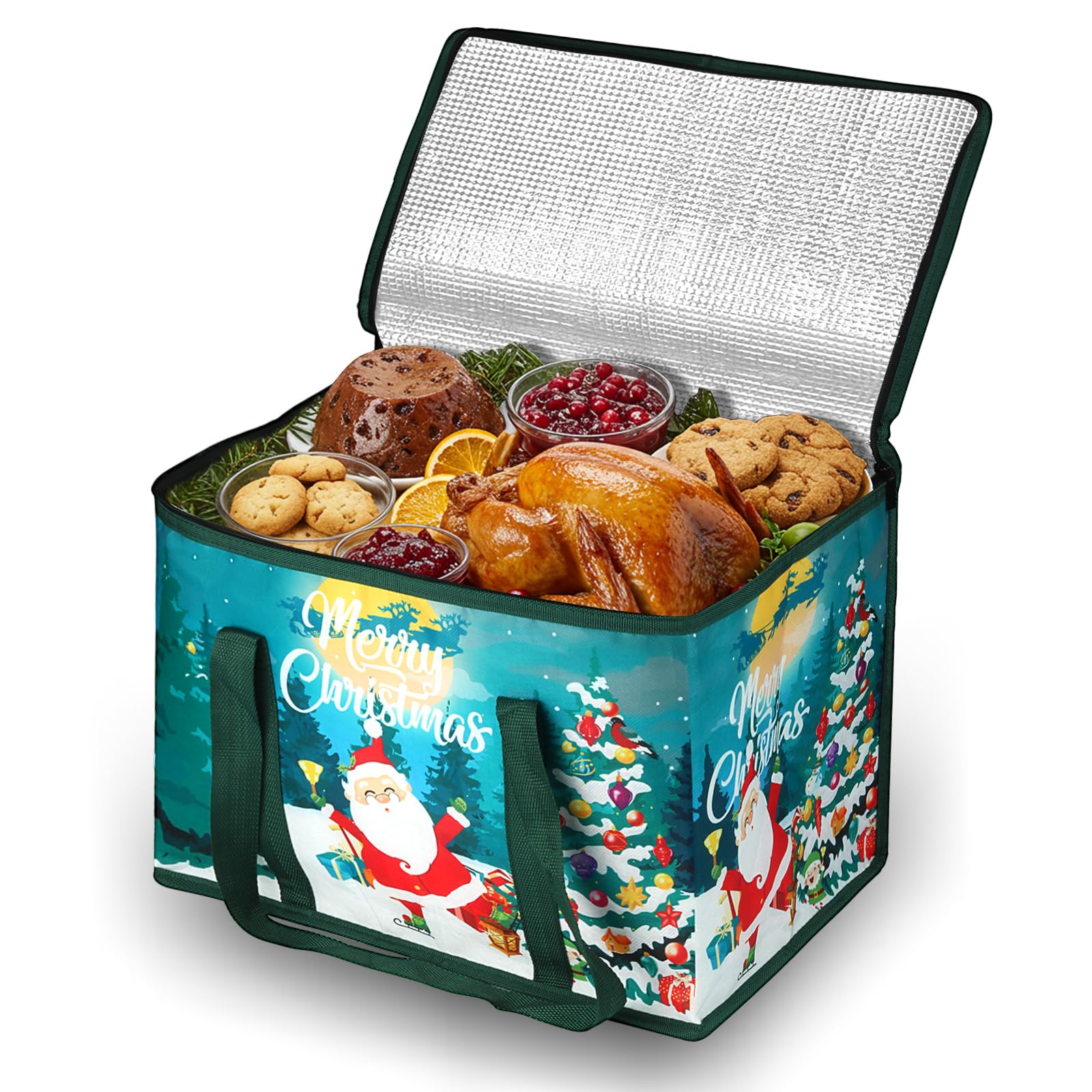 Beautyshow Christmas Cooler Bag, Foldable Insulated Grocery Shopping Bags, Heavy Duty Picnic Cool Bag, Thermal Food Delivery Bags with Lid Durable Double Zippers — image 1