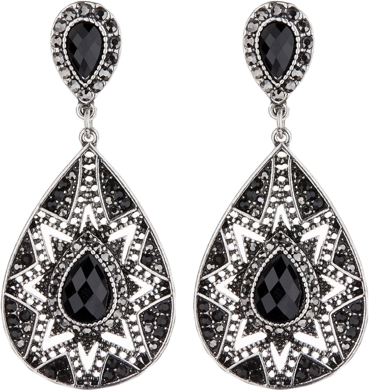 Clip On Earrings - Antique Silver Plated With Black Crystals - Bisa