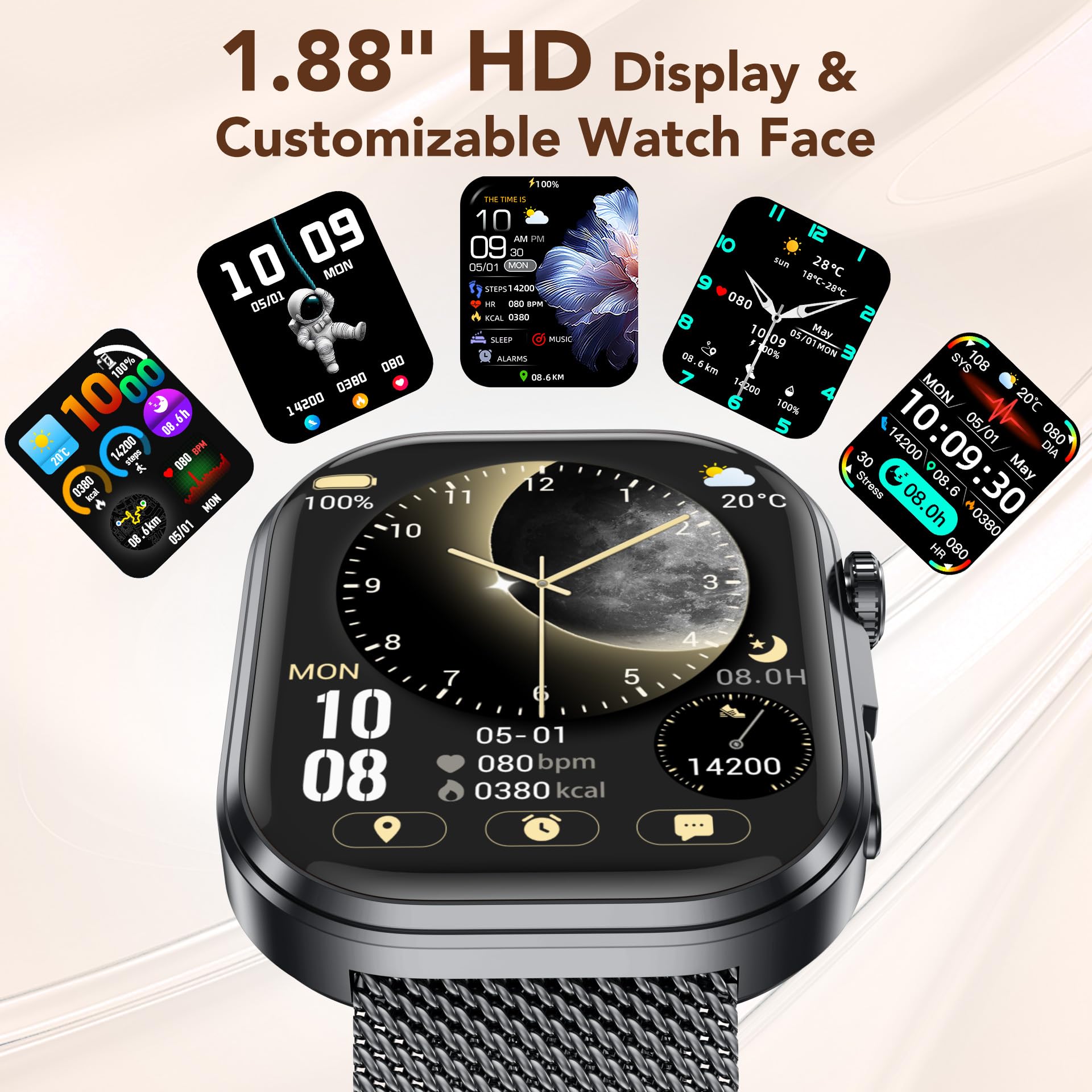 Smartwatch Damen mit EKG 𝐇𝐑𝐕 Blutdruck Herzfrequenz: Smart Watch Gold 𝐄𝐂𝐆 Gesundheitsuhr 1,88" Eckig Edelstahlarmband Armbanduhr Wasserdicht Schrittzähler Blutsauerstoff Telefonfunktion Fitness