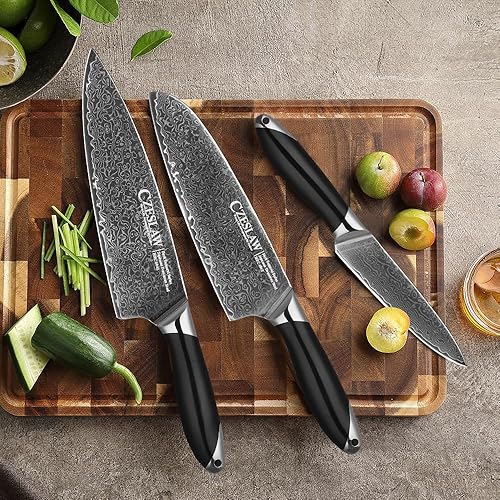 Miniatura 2 de Juego de 3 cuchillos de cocina japoneses de damasco, cuchillo de chef profesional afilado negro, uso de forja de acero de damasco premium, con mango