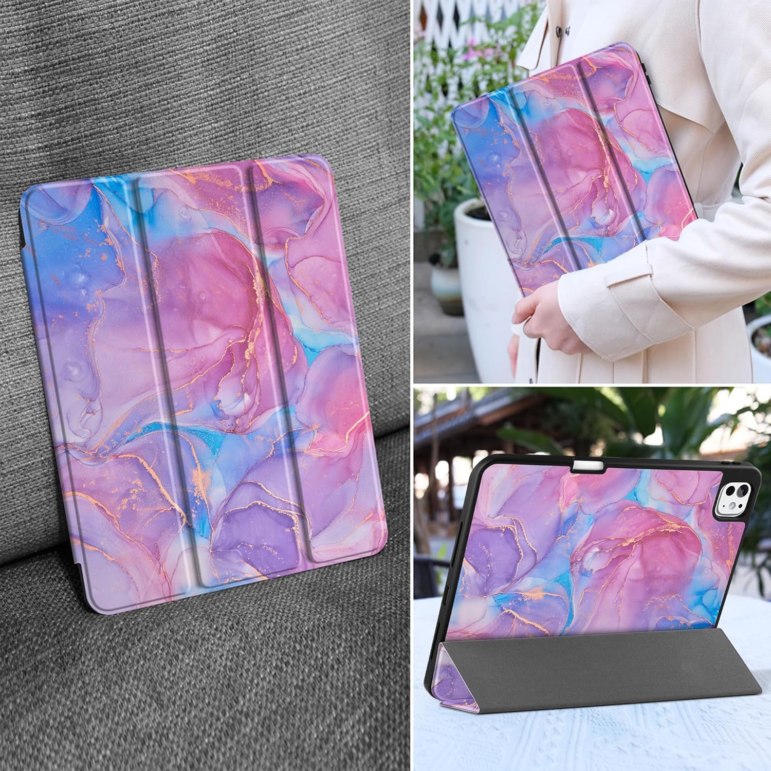 MEEgoodo Case for M5 iPad Pro 11 inch 2025/M4 iPad Pro 11 inch Case 2024, Tablet Cover with Trifold Stand & Pencil Holder & Auto Wake/Sleep & Soft TPU Back Cover, Pink Marble Texture