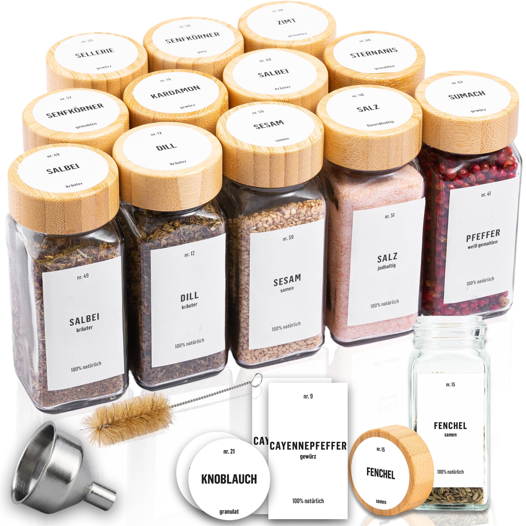 Deco haus® Gewürzgläser eckig mit Holzdeckel [+ Etiketten & Streueinsatz] - Gewürzdosen Set Glas - Gewürzbehälter Spice Jars - Gewürze Aufbewahrung - Behälter für Gewürze - Gewürzaufbewahrung