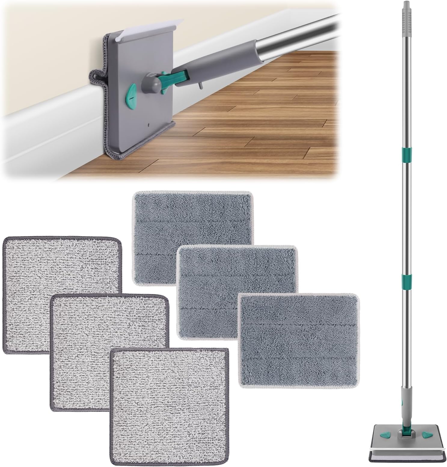 4 in 1 Baseboard Cleaner Duster with Squeegee, Max 82'' Wall Cleaner Mop with Long Handle, Dry Mop Sweeper, Ceiling Cleaning Tool with 6 Replacement Pads for Painted Walls, Window, Floor