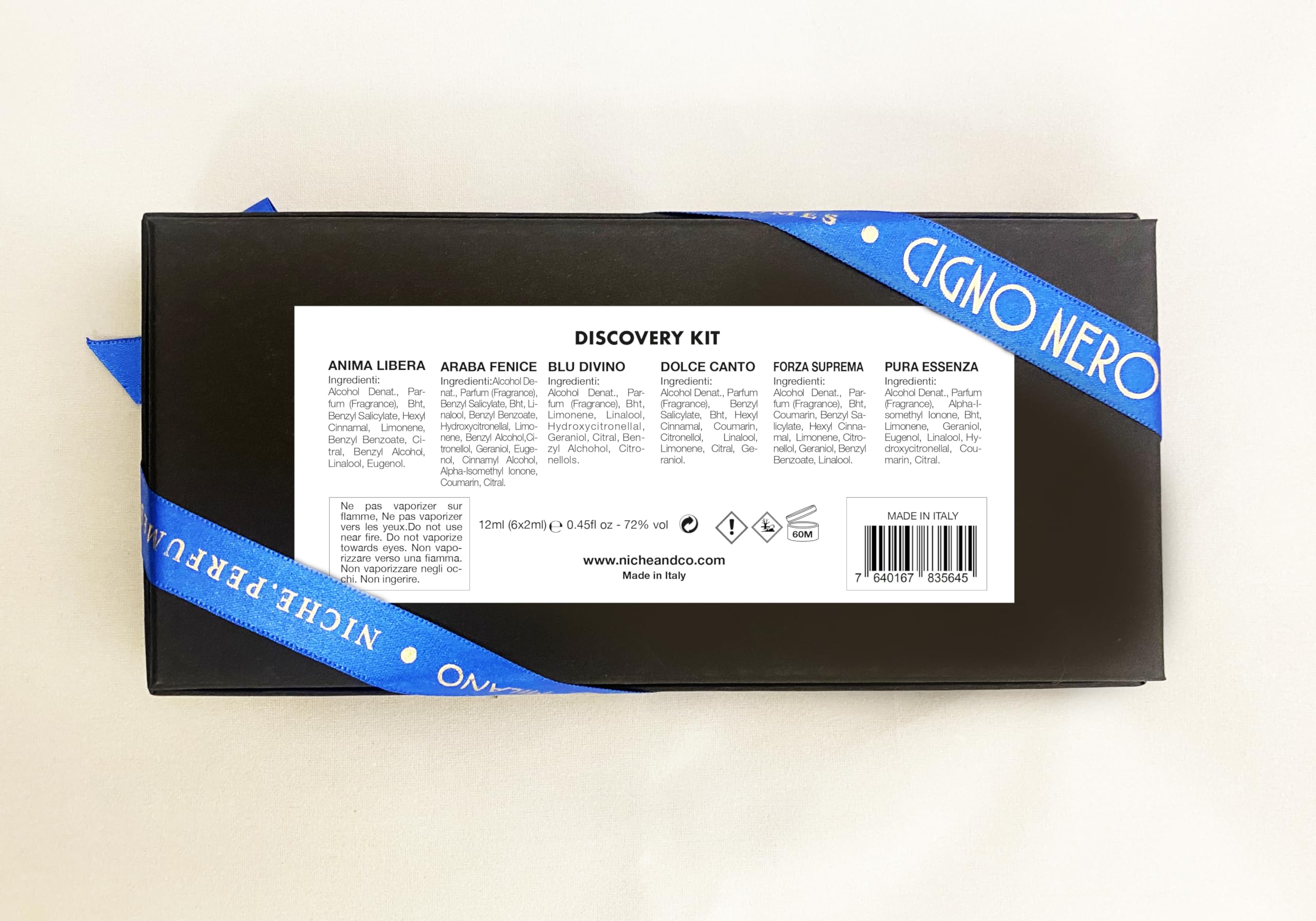 Eau de Parfum Cigno Nero Milano. KIT DE DESCUBRIMIENTO 6 viales de 2 ml. Cada vial contiene una fragancia de la línea de extractos de perfumes Cigno Nero para mujer y hombre.