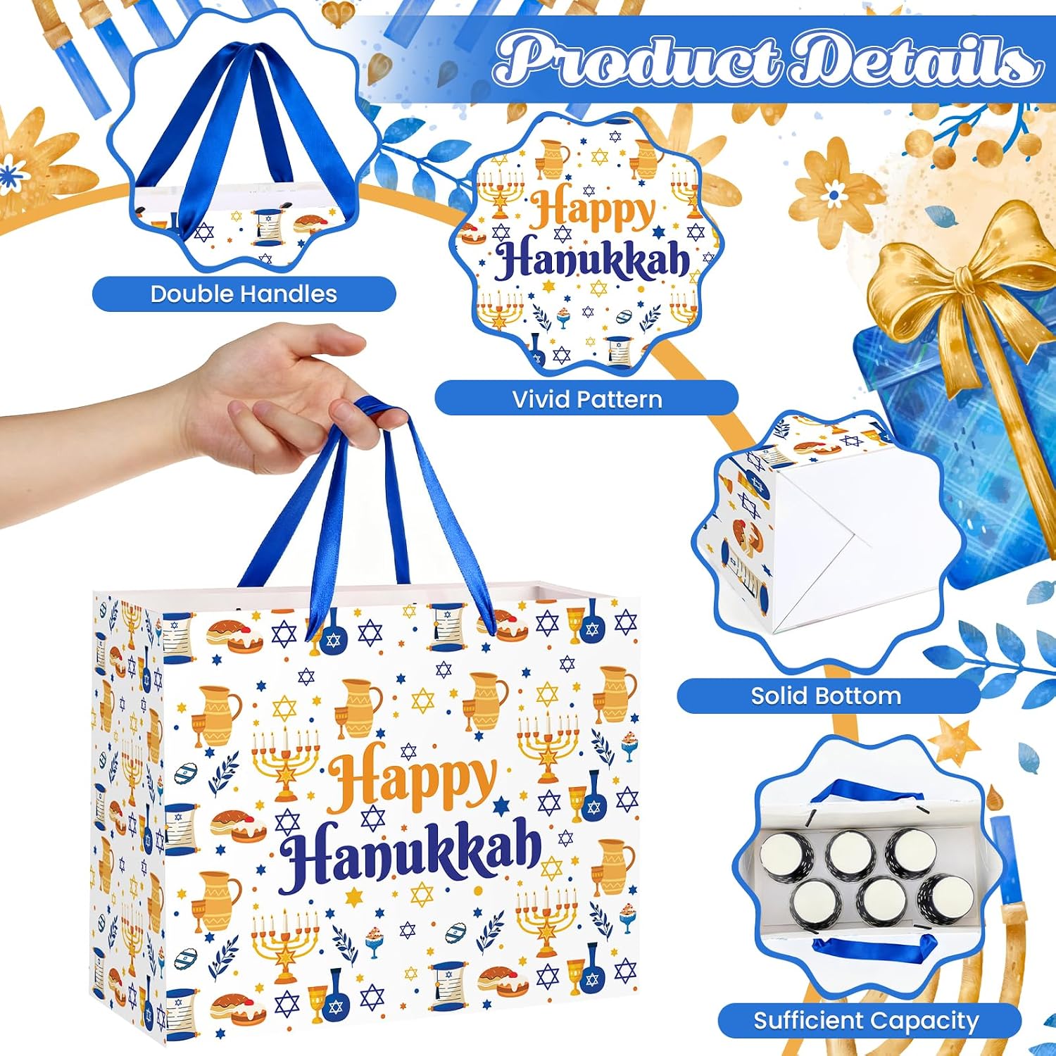 TagreSpike Hanukkah Gift Bag Happy Hanukkah Wrapping Bag with Handle Tissue Paper and Card Menorah Jewish Theme Party Favor Bags for Chanukah Festival of Light Party Decor Supplies