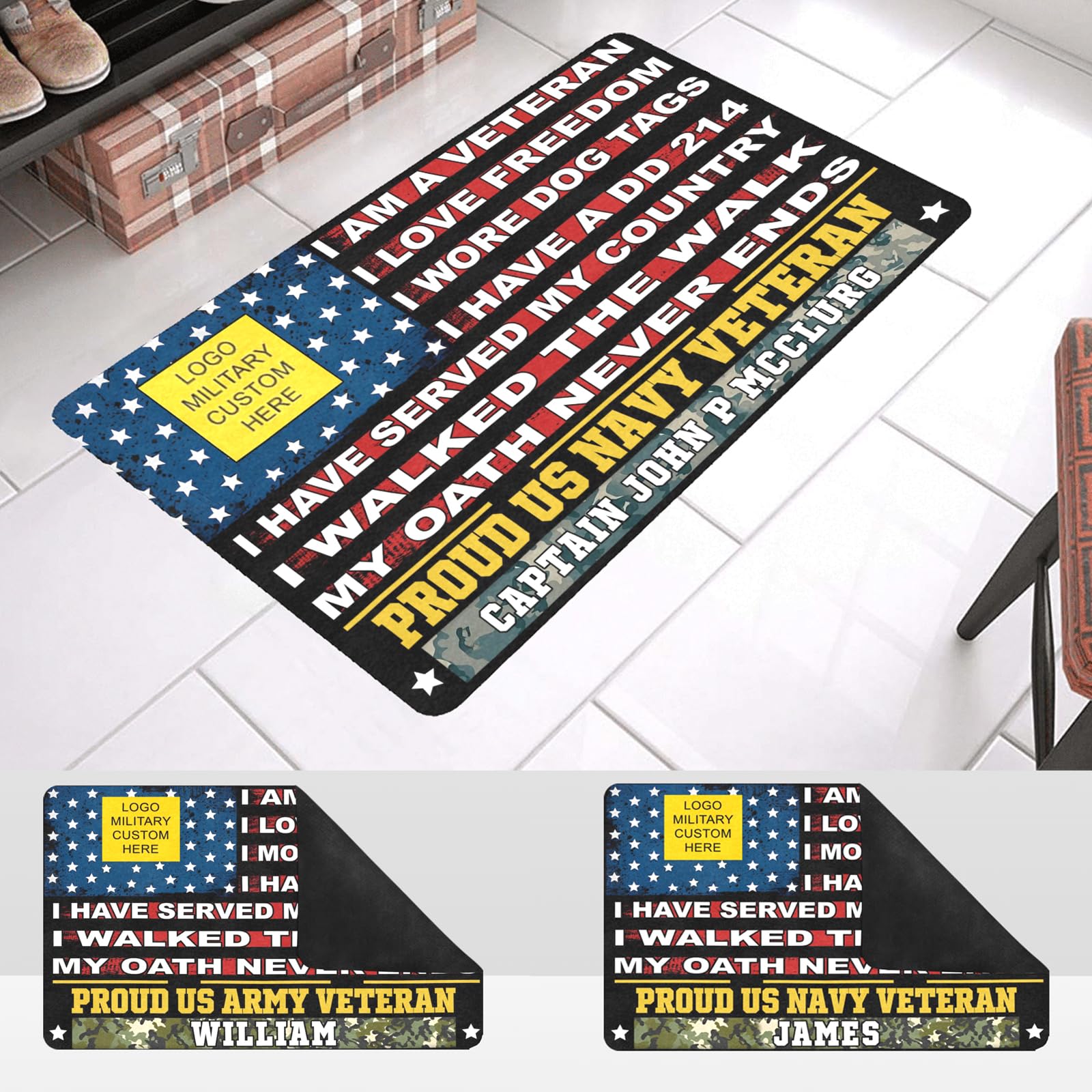Personalized Veteran Door Mat with Your Name, Custom Veteran Doormats, Retired Gift, Rubber Decoration Rugs for Outside, Customized Logo and Camouflage Pattern