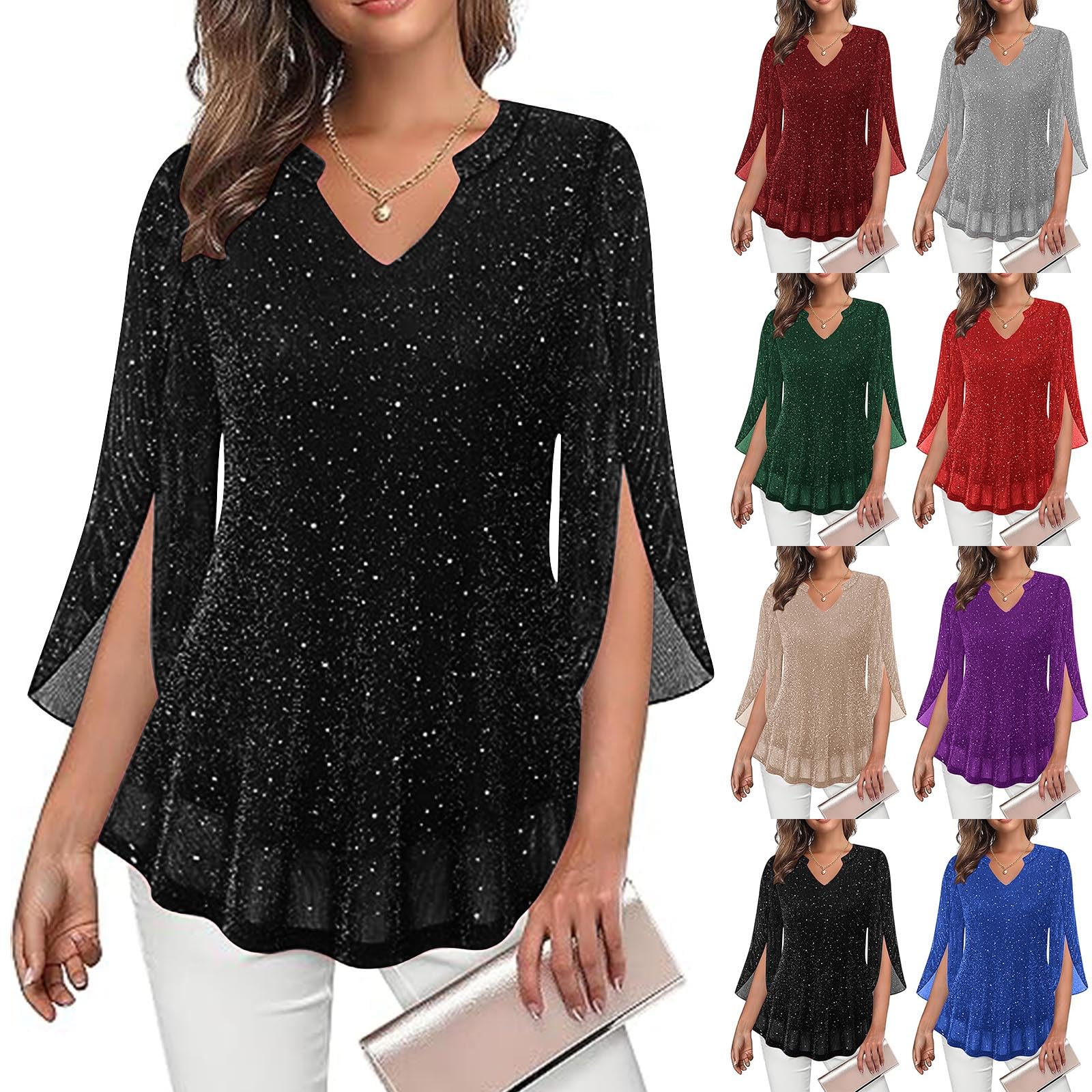 Ybing Camicette e tuniche da donna eleganti con glitter a 3/4, maniche a 3/4, con paillettes scollo a V, camicetta Y2K, tunica festiva, leggera, per feste, maglietta sottile con glitter