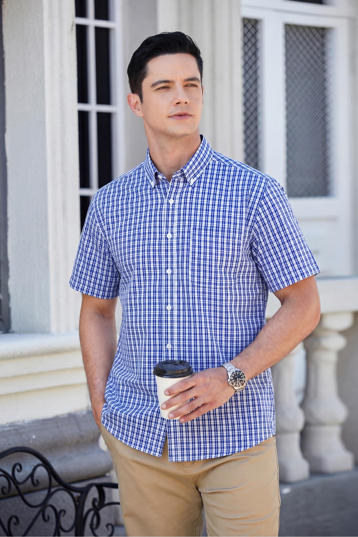 HISDERN Camisa Cuadros Hombre Manga Corta Camisas Verano Hombre Casual Clásica Botones Algodón con Bolsillo Regular Fit