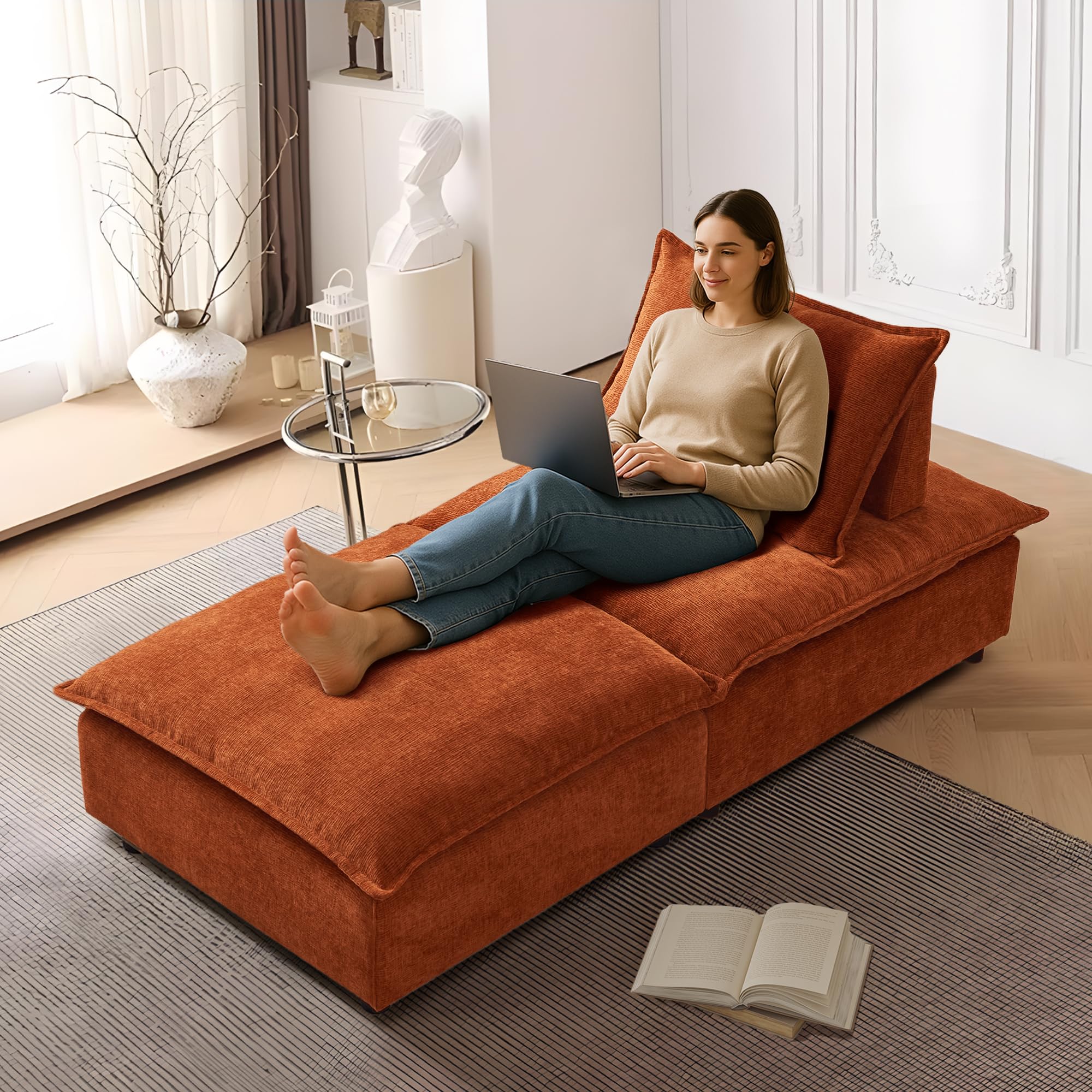 BAMOOLI Indoor Chaise Lounge, Chenille Fabric Chaise Lounge Chair, Comfy Upholstered Leisure Chair with Adjustable Backrest, Comfy Single Chair with