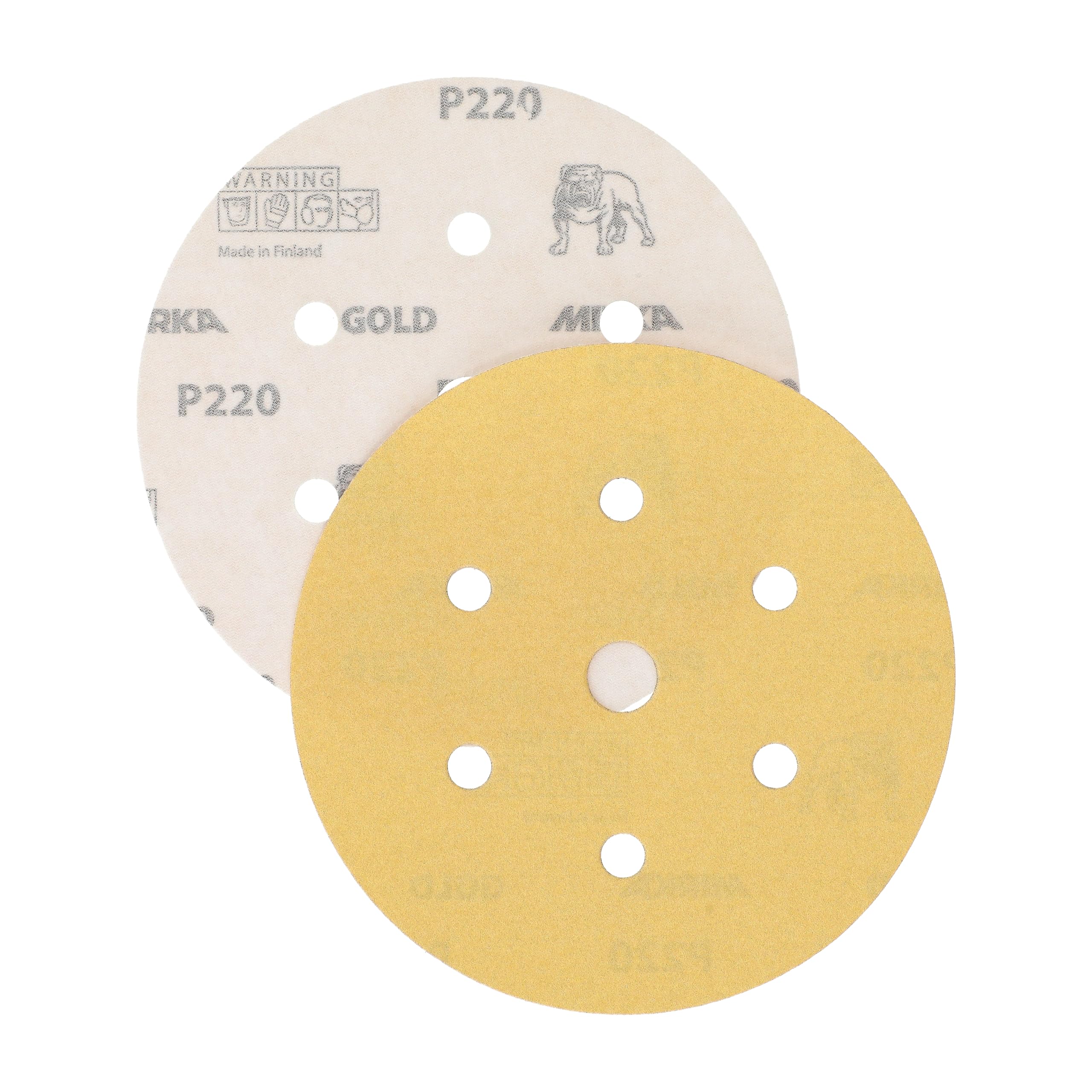 Mirka Gold uniwersalne krążki ścierne z papieru ściernego Ø 150mm / rzep / 7 otworów / P220 / 100 szt/Do szlifowania tynku, szpachli, płyt wiórowych, drewna, lakierów.