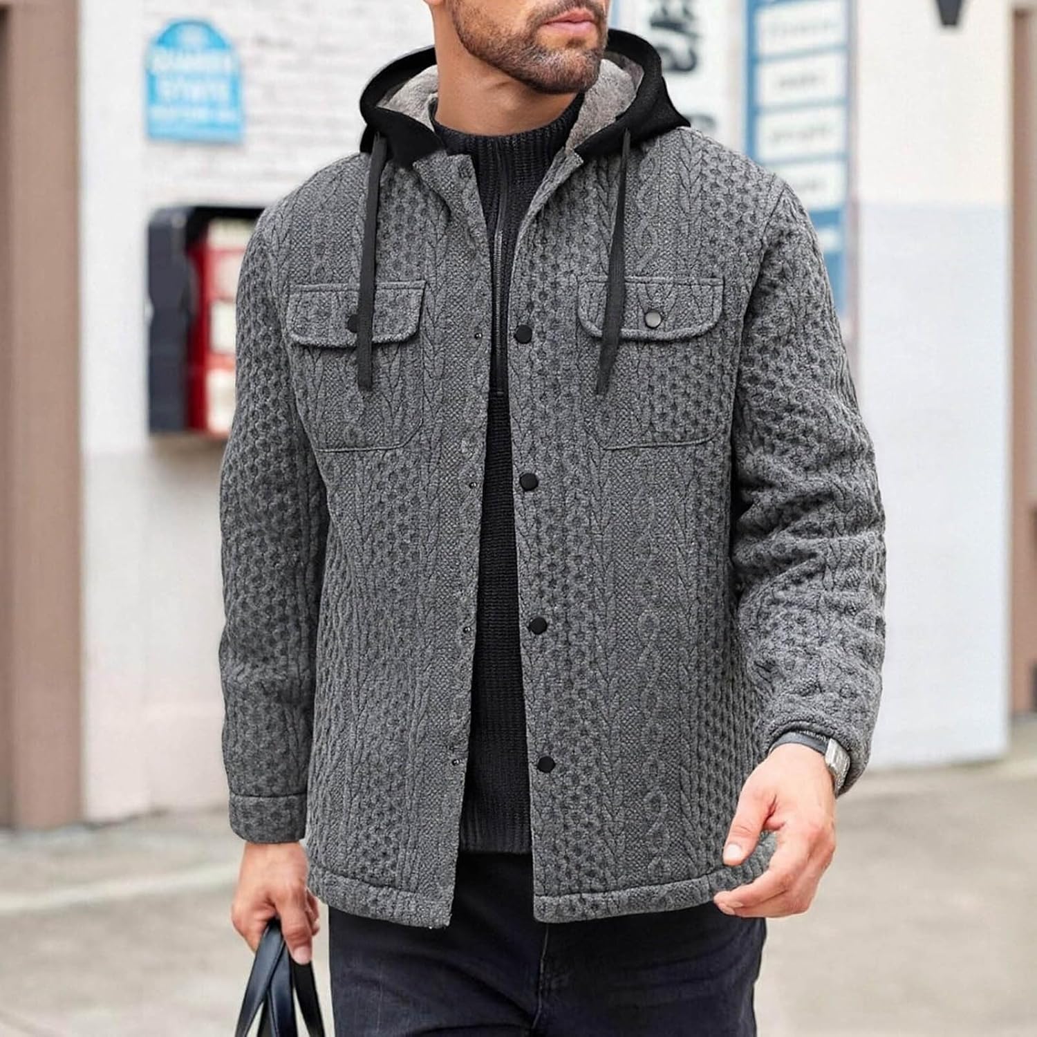 Mens Fleece Jacket Fleece Lined Casual Button Down Textured Hooded Coat Comfy Fall Winter Warm Outwear with Pocket
