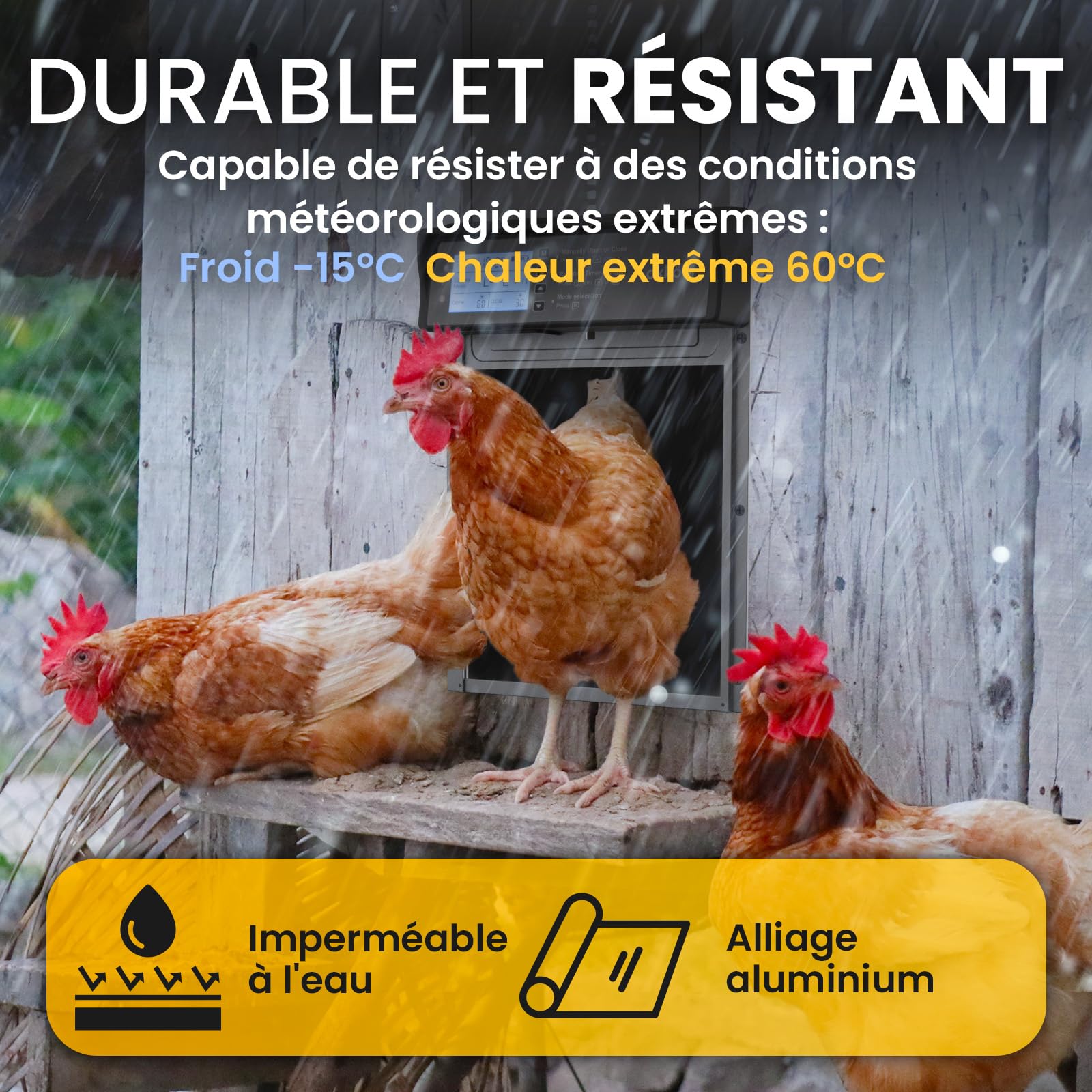 Okkobi Porte Automatique Poulailler Solaire - Ecran LCD - Télécommande, capteur de lumière et minuterie - Sécurité et tranquillité d'esprit : Fonction Anti-pincement - Protection 5 Ans