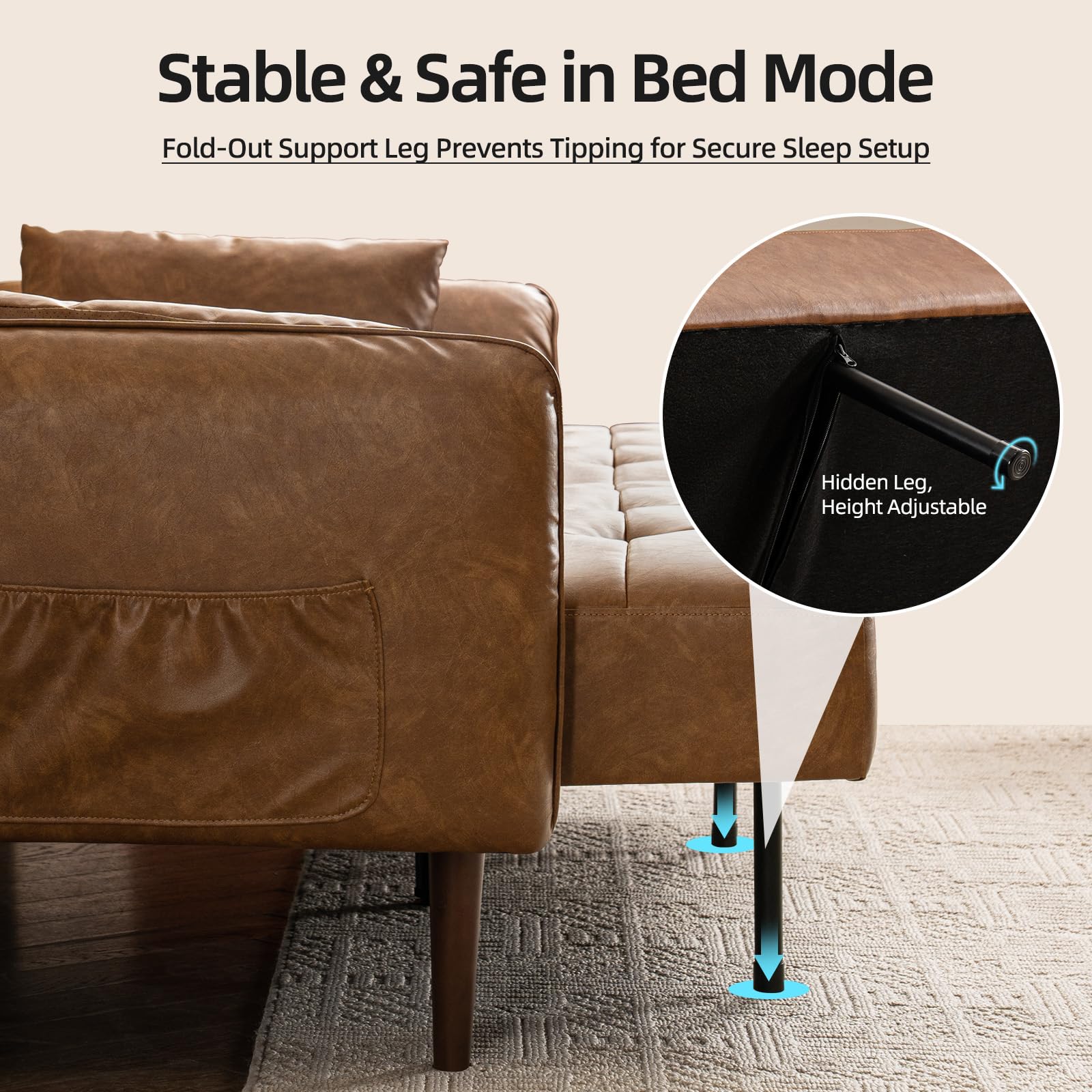 HALLYBEE 85" Futon Faux Leather Couch with Adjustable Armrests Brown | Futon Sofa Bed, Sleeper Sofa, Small Couch with Pillows, Side Pockets, Mid Century Modern, Living Room, Bedroom, Apartment