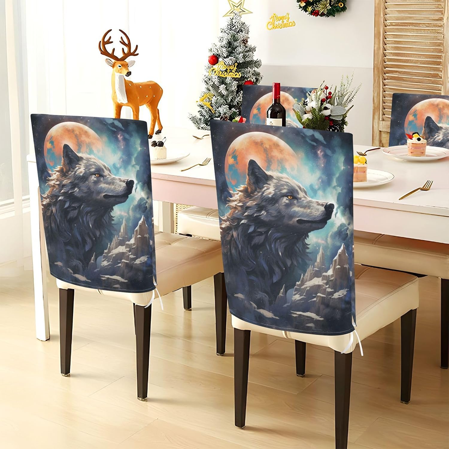 ALAZA Moon and Wolf in The Space Chair Back Cover Set of 6, Washable Reusable Removable Chair Slipcovers Decorative Chair Cover for Home Kitchen Wedding Party