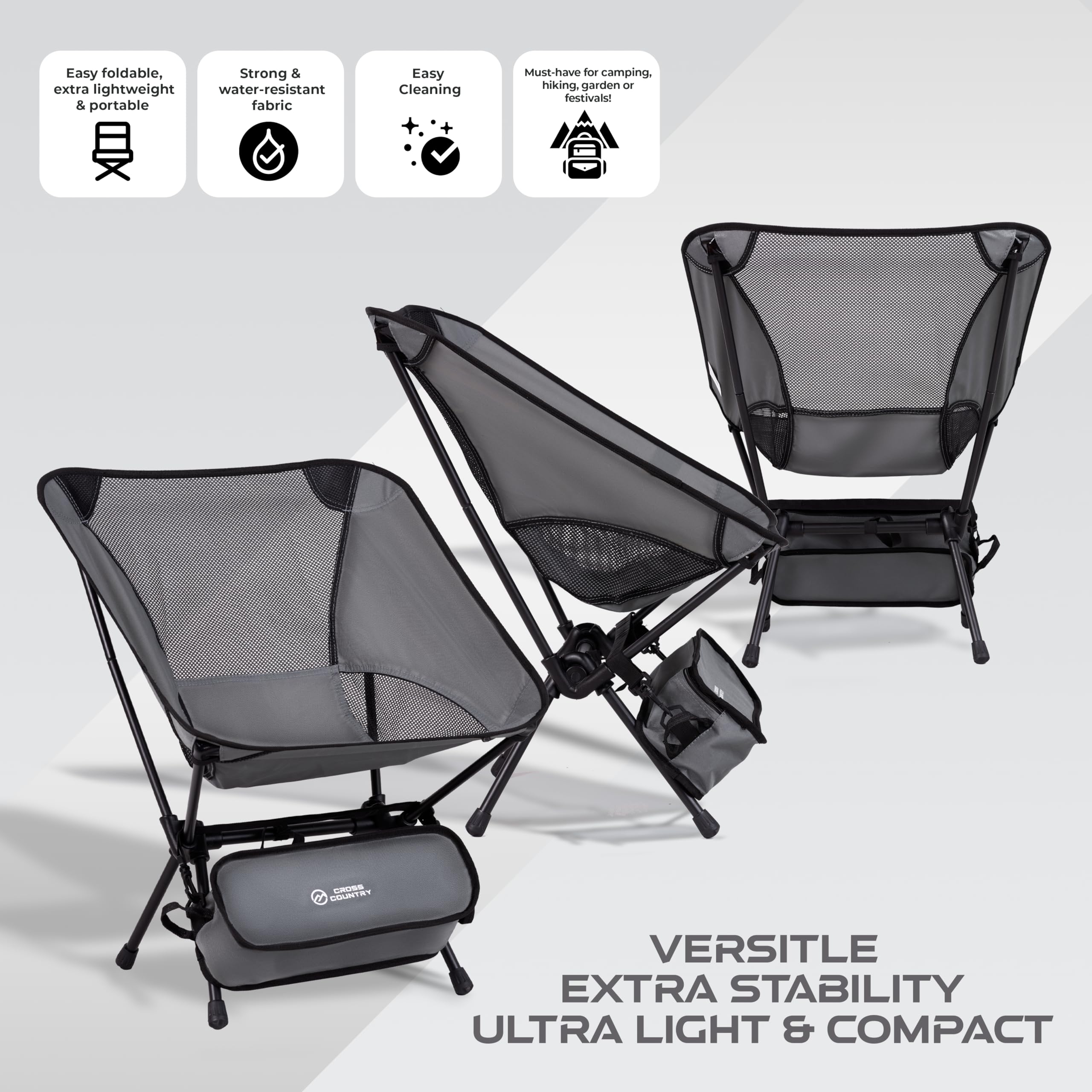 CROSS COUNTRY Lightweight Portable & Collapsible Outdoor Chair, Grey - Image 2
