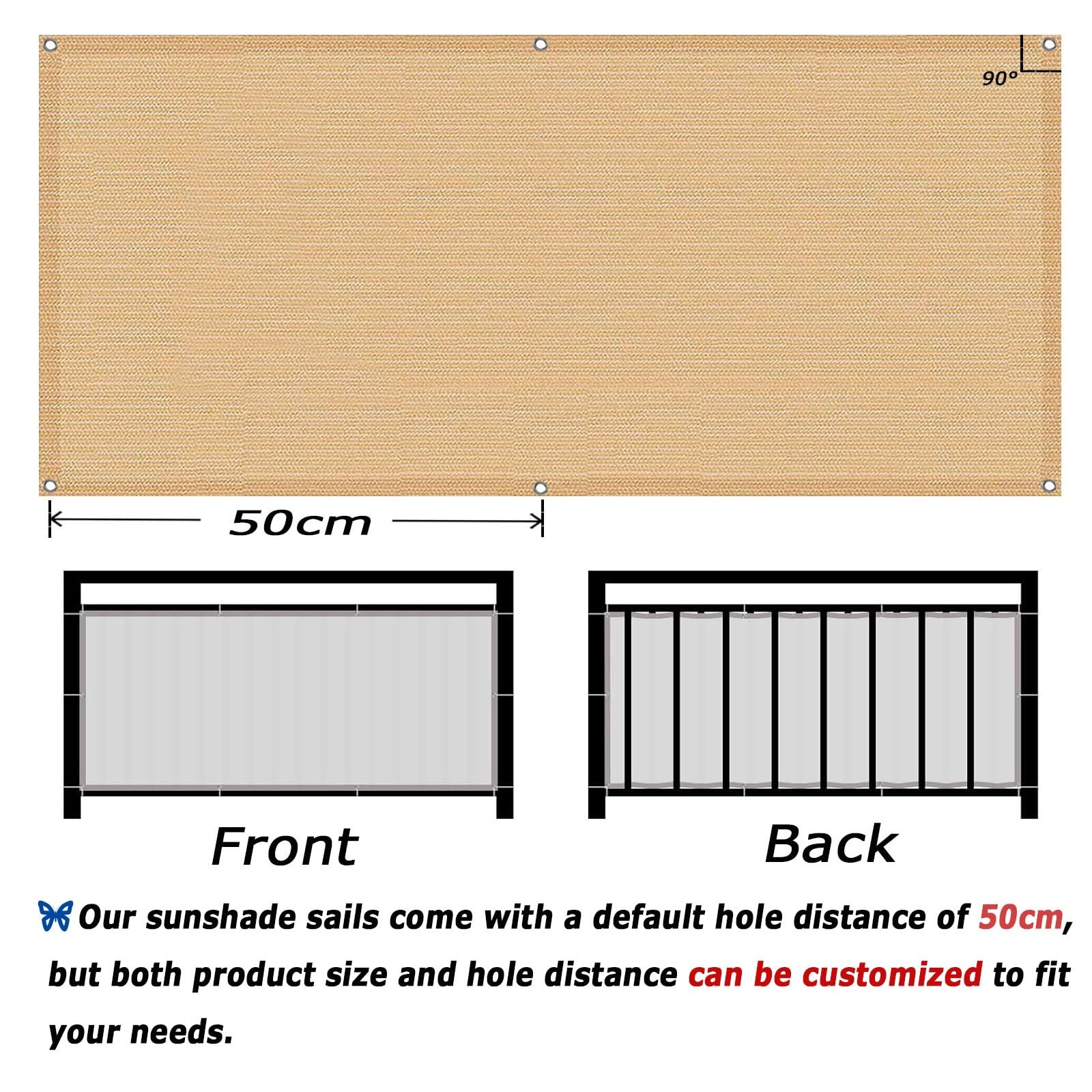 Osłona Ogrodzeniowa Balkonu 60 x 650 cm Wentylowana Siatkowa Osłona Przeciwsłoneczna Z Oczkami I Sznurkiem Na Balkon I Patio Ogrodowe, Kolor kremowy