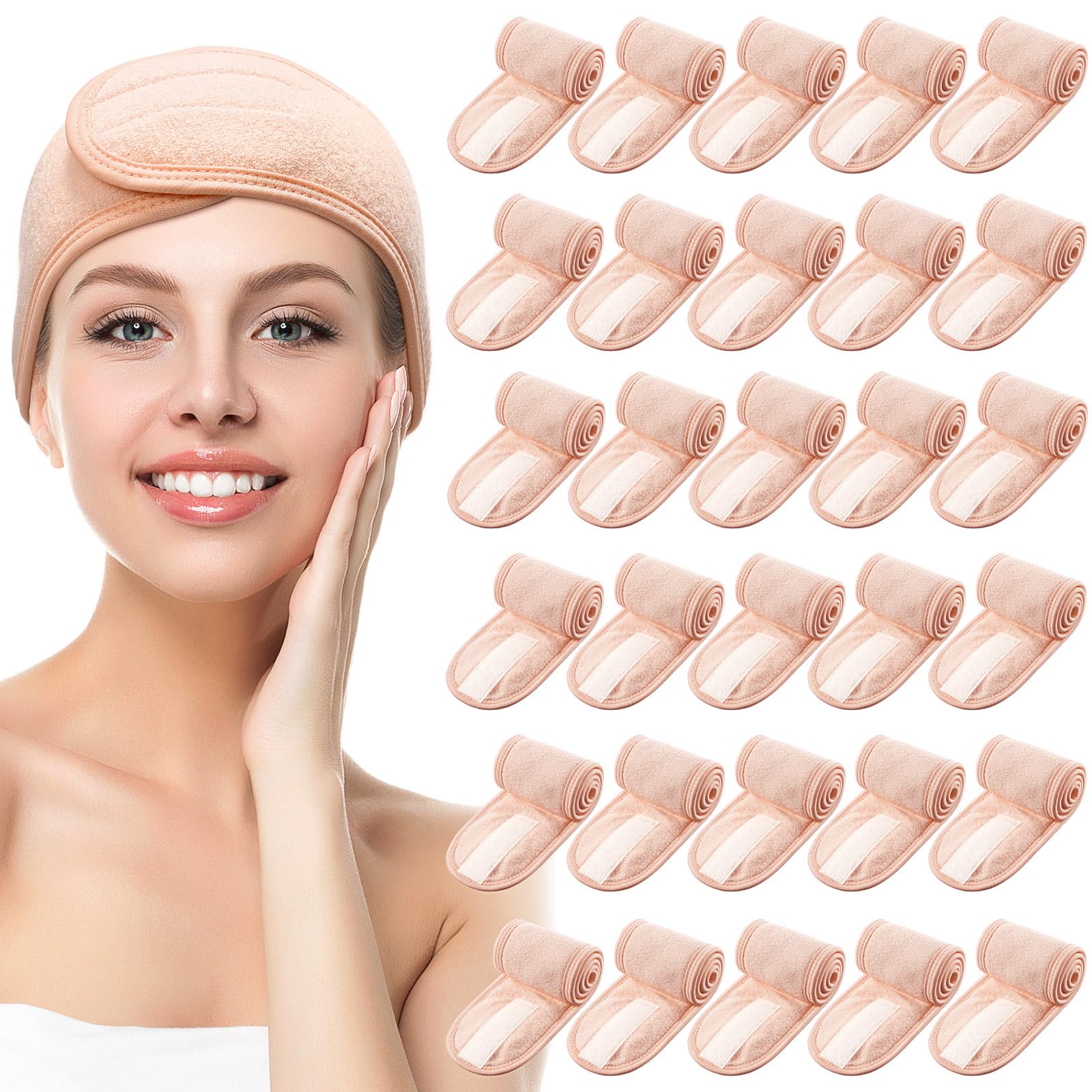 Hoteam Paquete de 30 diademas de spa para spa, diadema facial de spa a granel para lavado facial, diadema de maquillaje para ducha, baño, deporte, toalla ajustable con gancho y bucle (rosa claro)