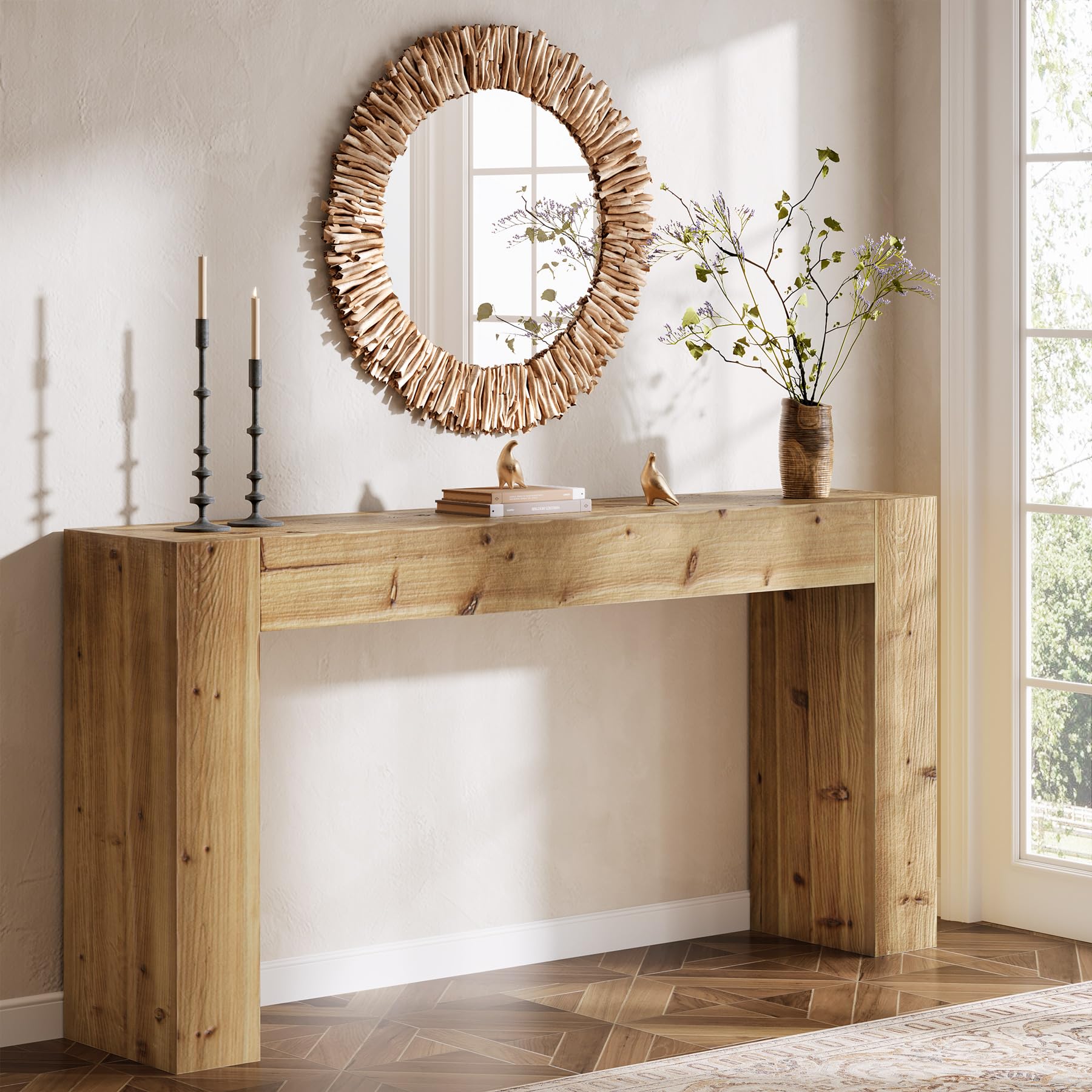Solid Wood Console Table, 63-Inch Farmhouse Sofa Table Behind Couch (TRIBEWOOD)