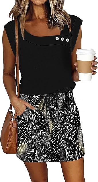 SAUKOLE Womens Summer Dress Cap Sleeve Square Neck Short Dress with Pockets