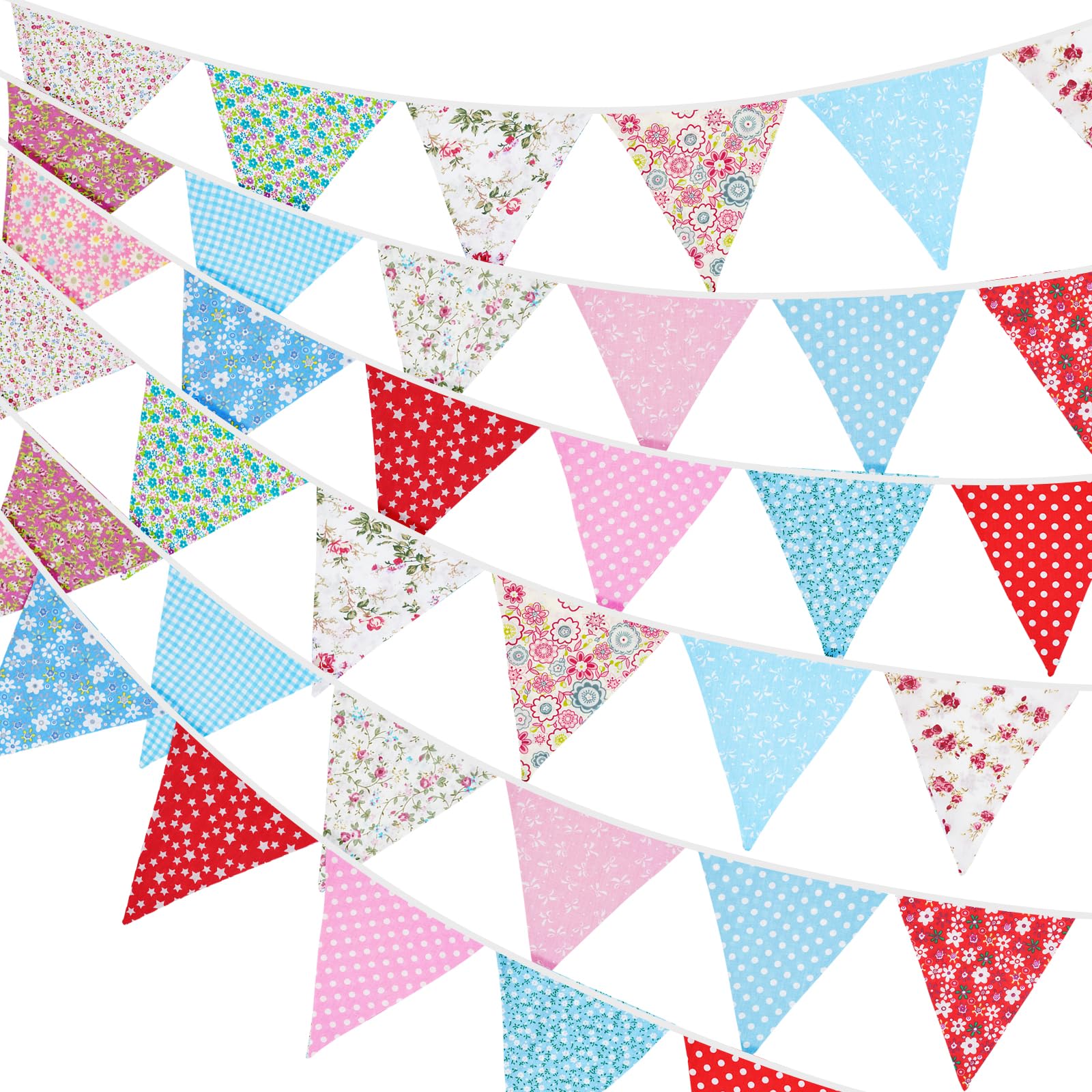 G2PLUS Süße Beidseitig Wimpel Girlande, 10M Bunting Wimpelkette Stoff, Rot und Blau Stoffgirlande mit 36 STK Farbenfroh Wimpeln für Hochzeits Geburtstag Party