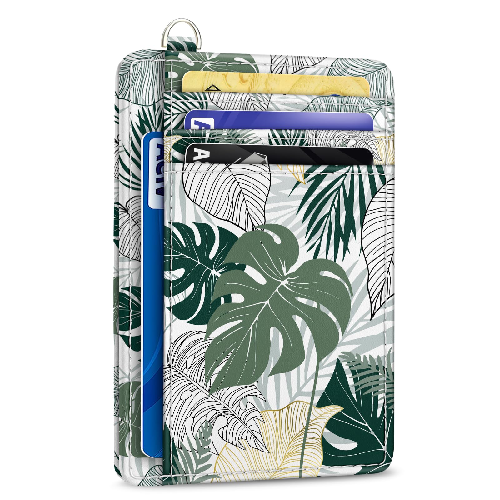 Credit Card Holder Slim Wallet, Tropical Leaf RFID Wallet Women Front Pocket Small Card Holder, Travel Funny Cute Thin Card Case ID Window PU Leather RFID Blocking Card Organizer Gifts Girls