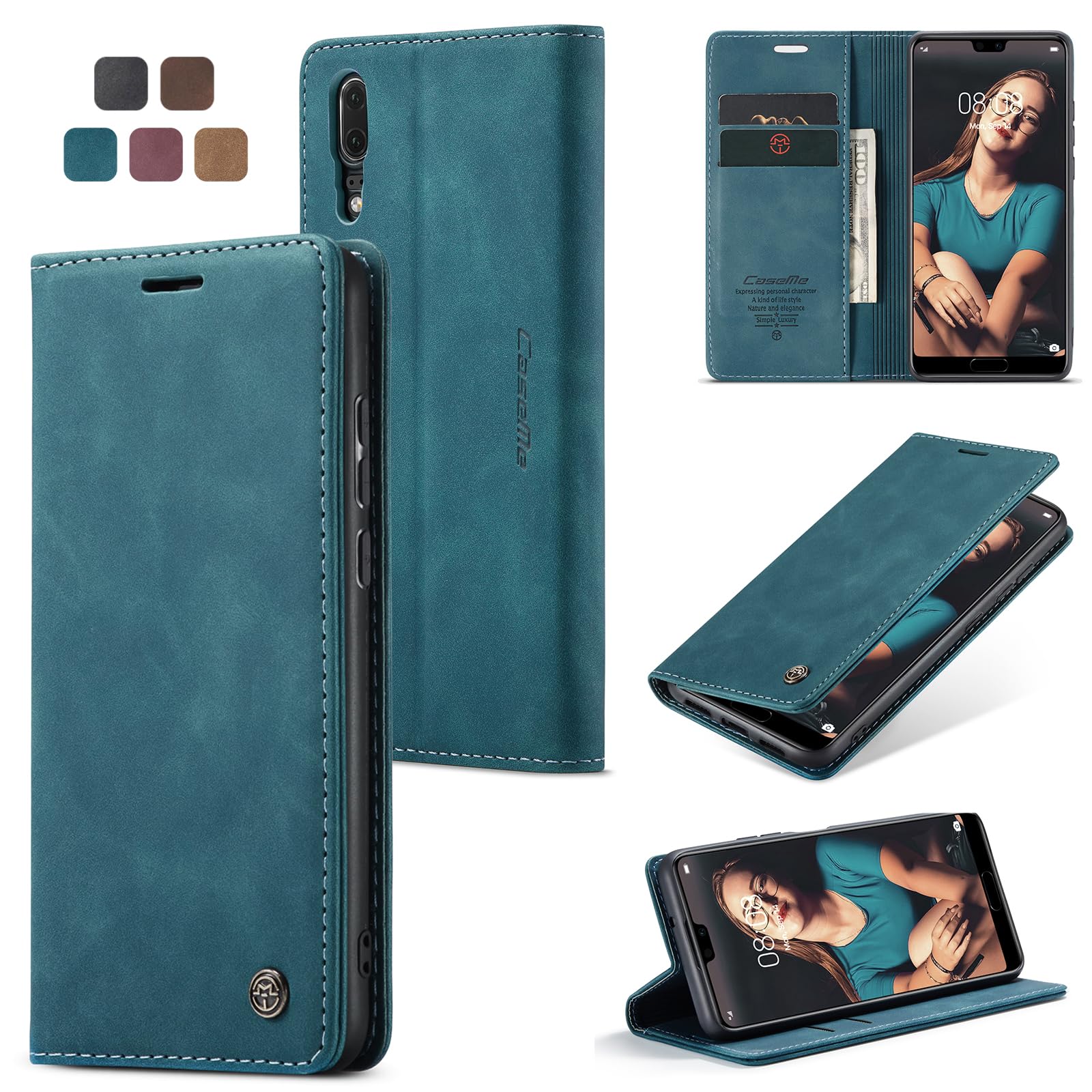 for Huawei P20 Case, Wallet Case Flip Leather with Card Holder Magnetic Closure Shockproof Kickstand Protective Phone Cases Cover for Huawei P20,Blue-Green