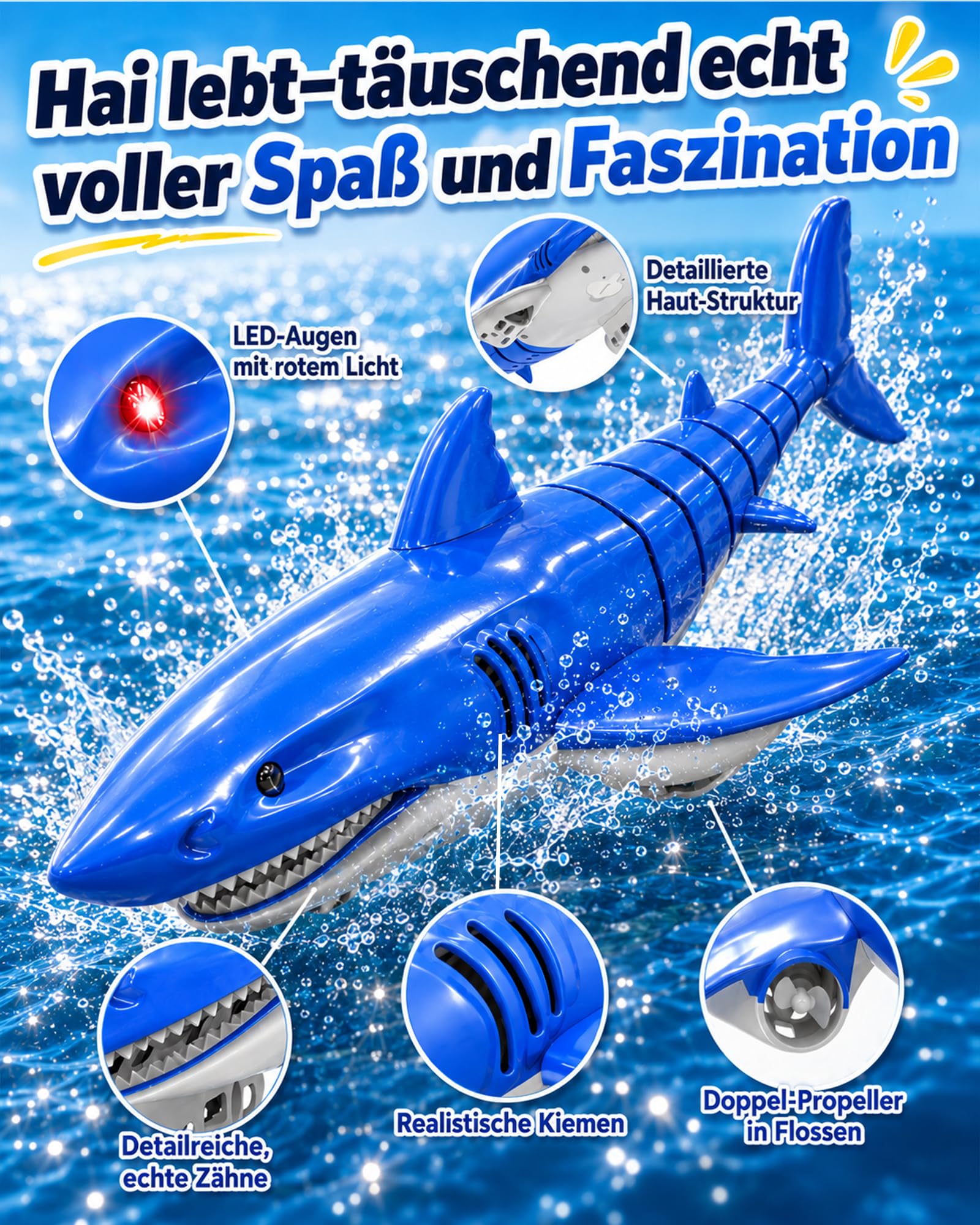 KOKODI Ferngesteuerter Robo-Hai für Kinder ab 3 Jahren – RC Wasserspielzeug mit Licht & Wasserdichter Fernbedienung, Sommerpoolspielzeug, Badespielzeug, Geburtstagsgeschenk Jungen Mädchen