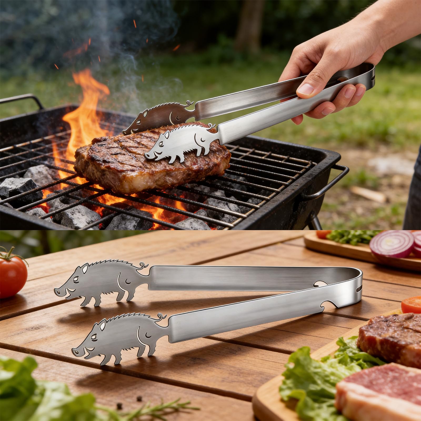Pince à Barbecue en Acier Inoxydable avec Motif Cochon, Pince à Saucisses Personnalisée de 30 cm, Pince de Cuisine pour Grillades,Résistant à la Rouille